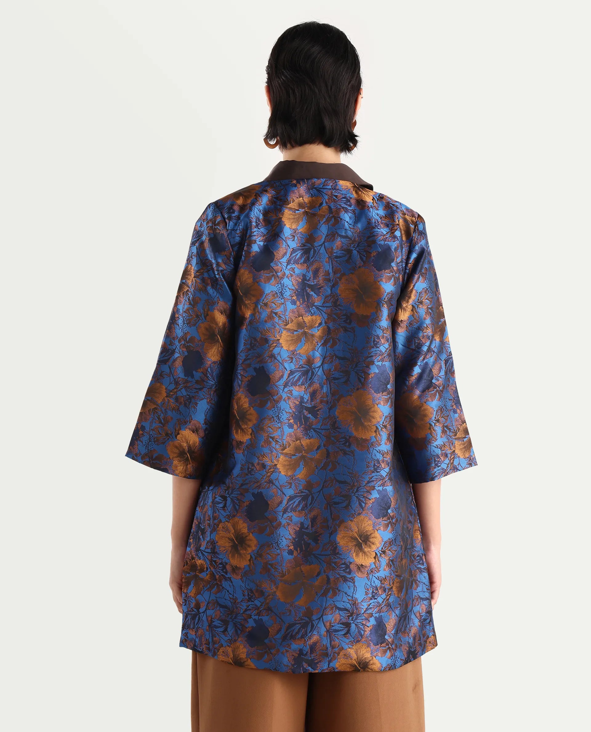 Rareism Women's Kamlay Multi Polyester Blend Collarless Jacquard Knee Length Regular Fit Jacket