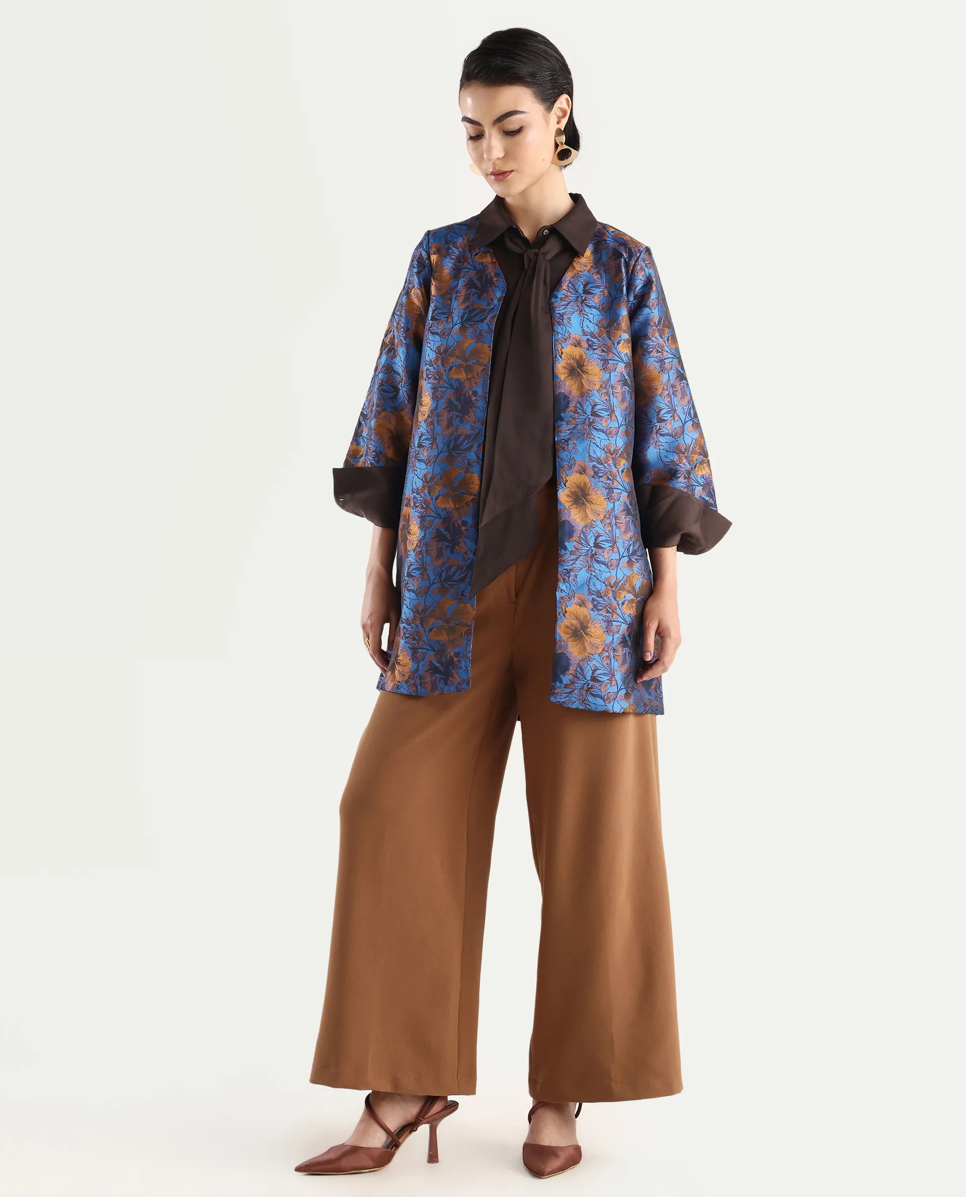 Rareism Women's Kamlay Multi Polyester Blend Collarless Jacquard Knee Length Regular Fit Jacket