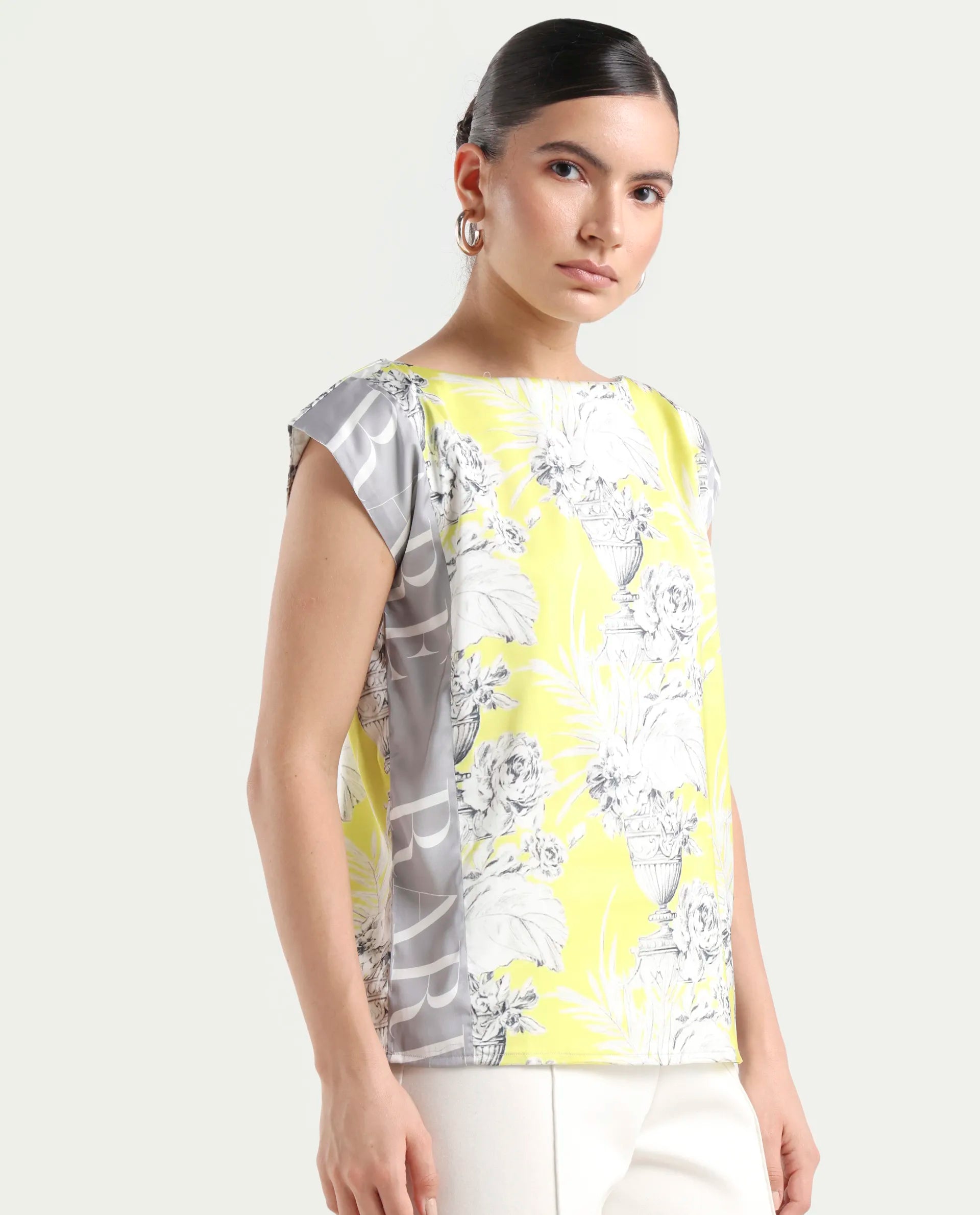 Rareism Women's Kanadio-T Yellow Polyester Boat Neck Floral Print Extended Sleeves Regular Fit Top