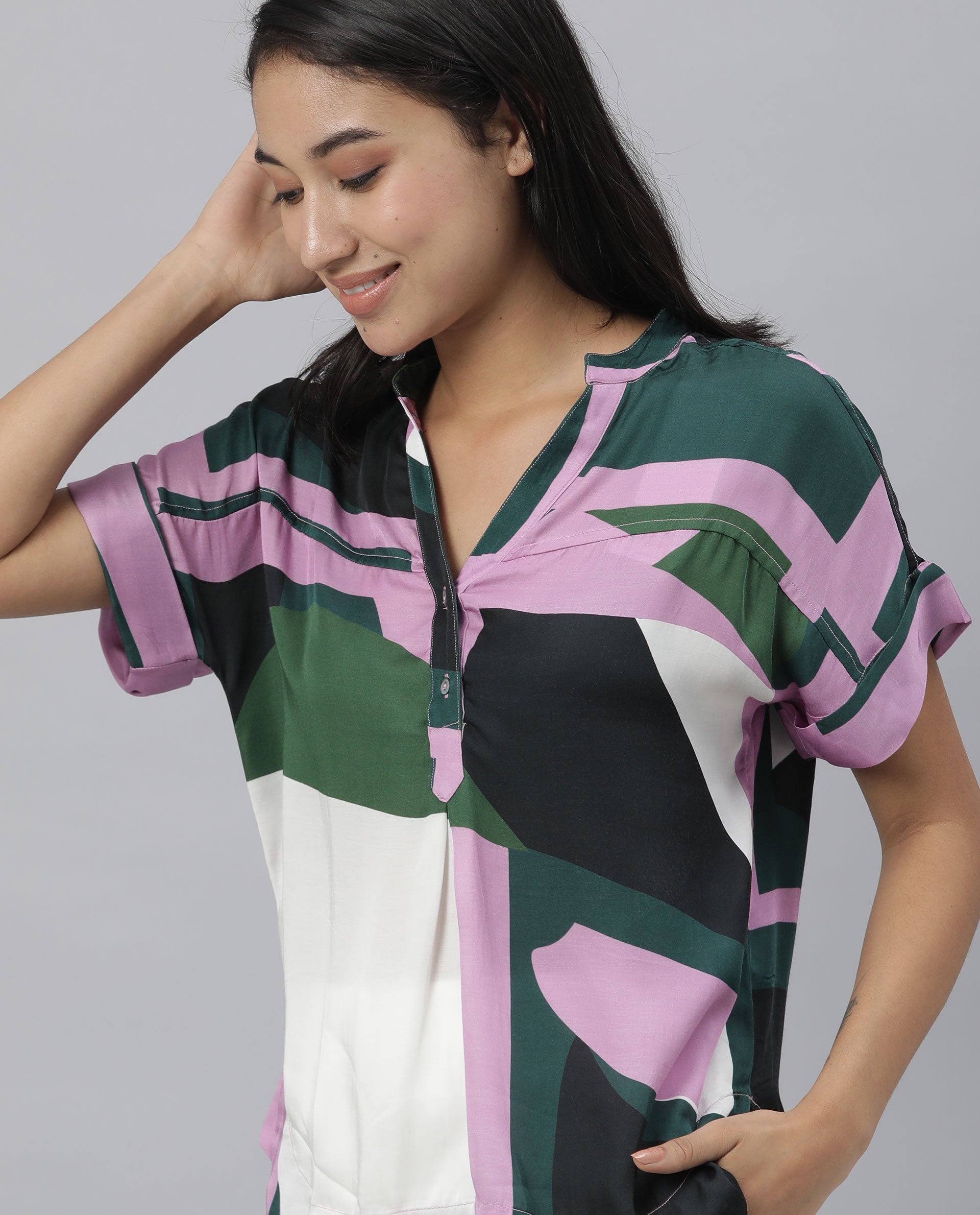 Rareism Women Kang Pink Top Full Sleeves Printed
