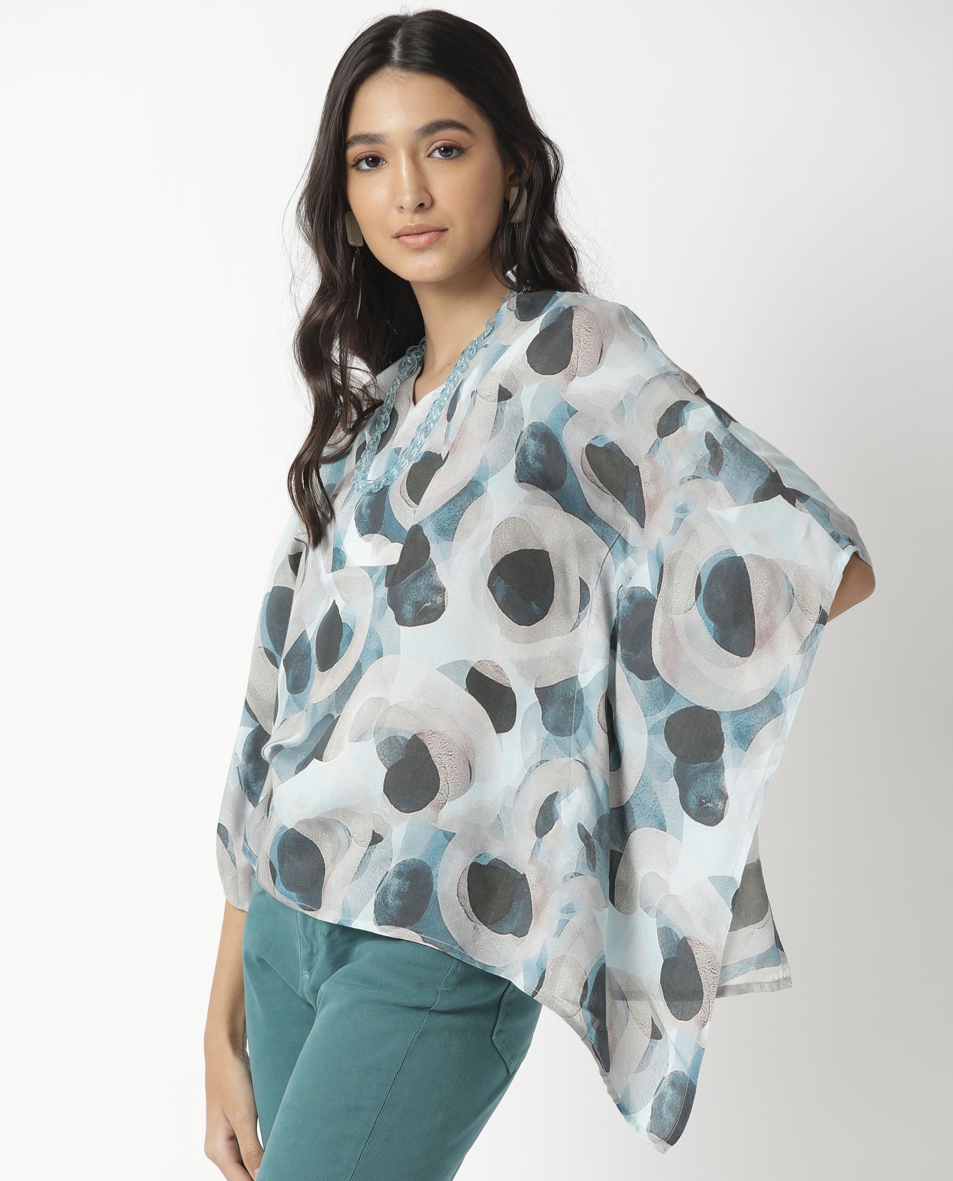 Rareism Women's Kans Blue Cotton Blend V-Neck Abstract Print Bell Sleeve Relaxed Fit Top