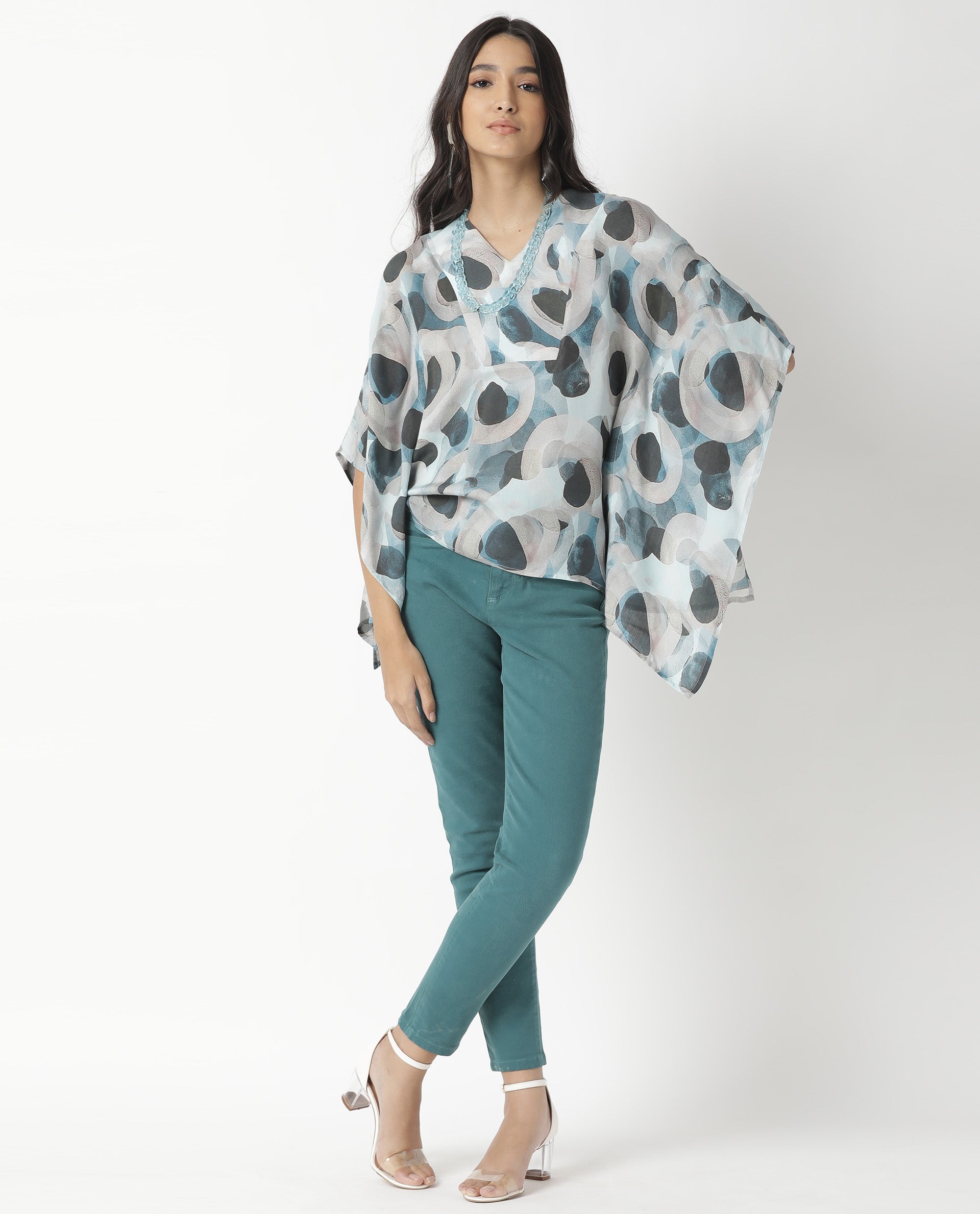 Rareism Women's Kans Blue Cotton Blend V-Neck Abstract Print Bell Sleeve Relaxed Fit Top