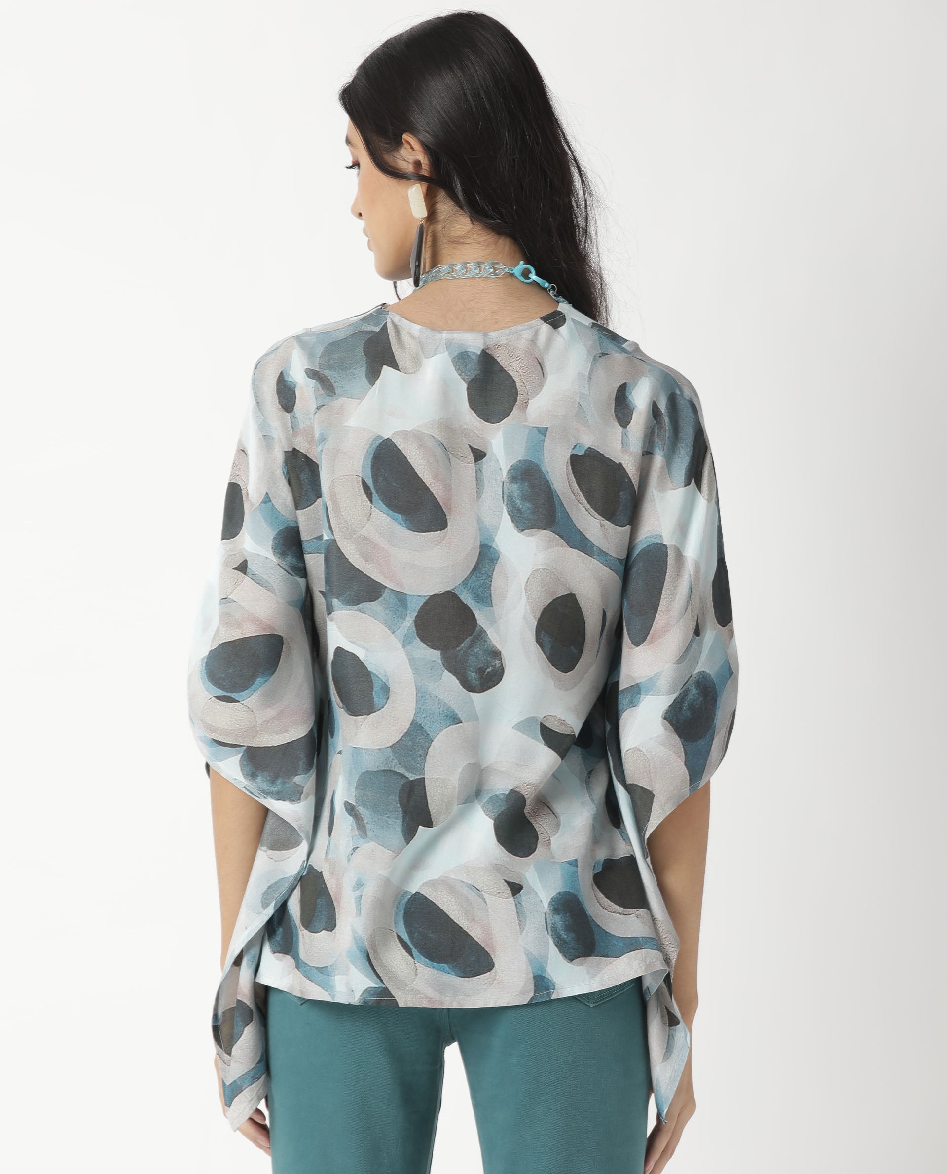 Rareism Women's Kans Blue Cotton Blend V-Neck Abstract Print Bell Sleeve Relaxed Fit Top