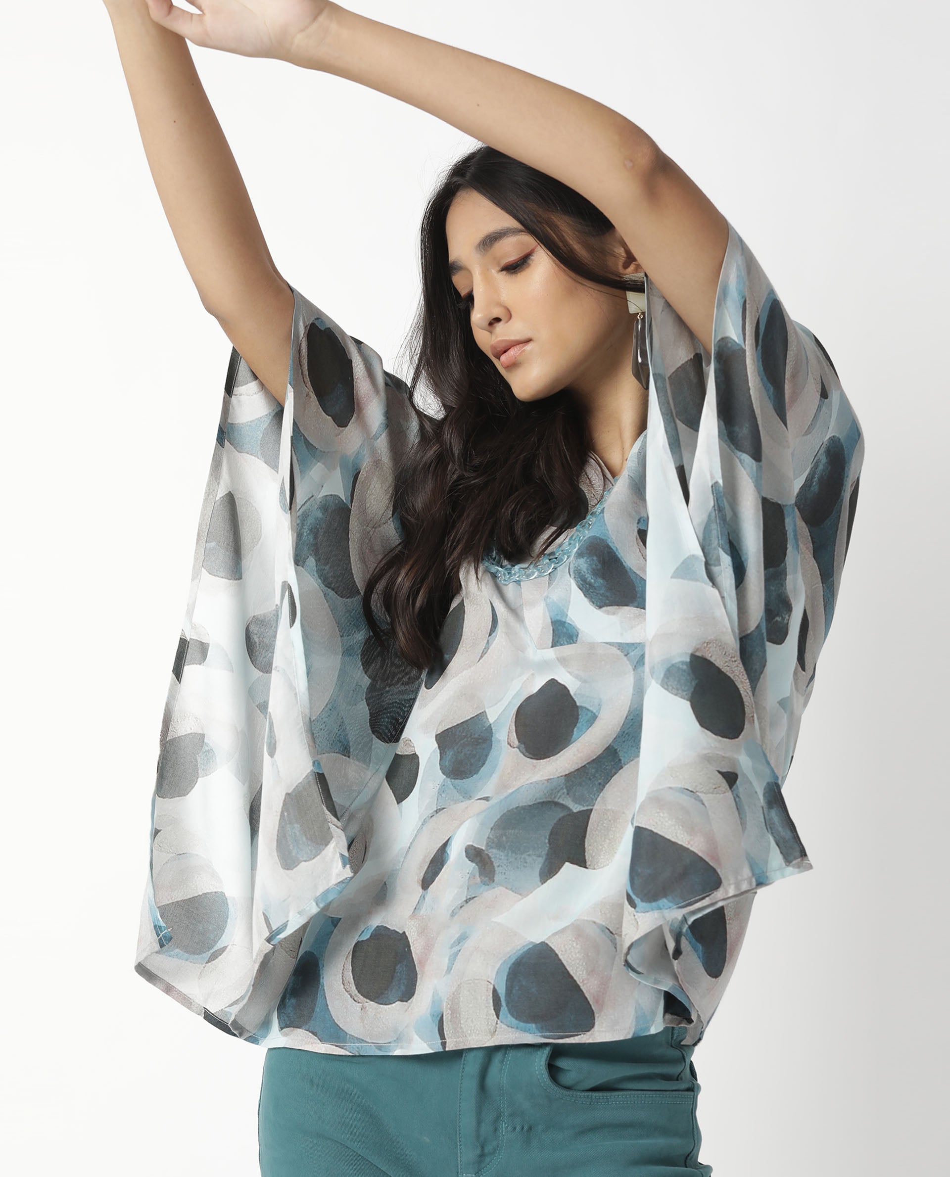 Rareism Women's Kans Blue Cotton Blend V-Neck Abstract Print Bell Sleeve Relaxed Fit Top