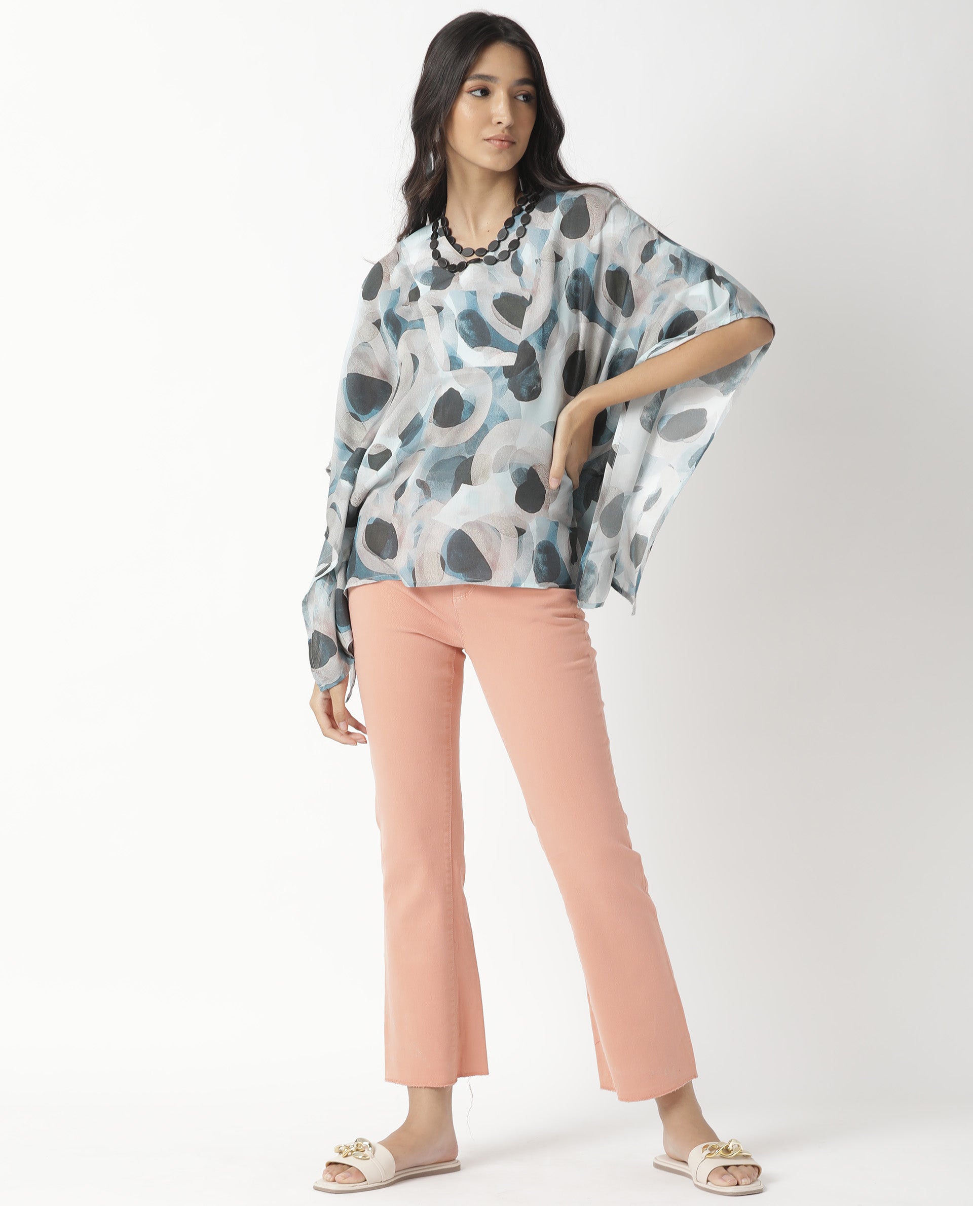 Rareism Women's Kans Blue Cotton Blend V-Neck Abstract Print Bell Sleeve Relaxed Fit Top
