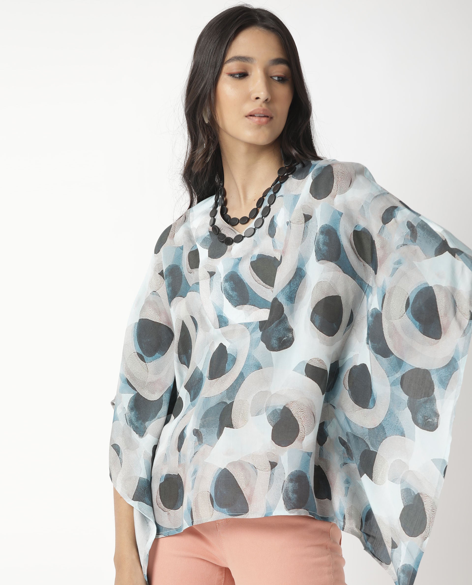 Rareism Women's Kans Blue Cotton Blend V-Neck Abstract Print Bell Sleeve Relaxed Fit Top