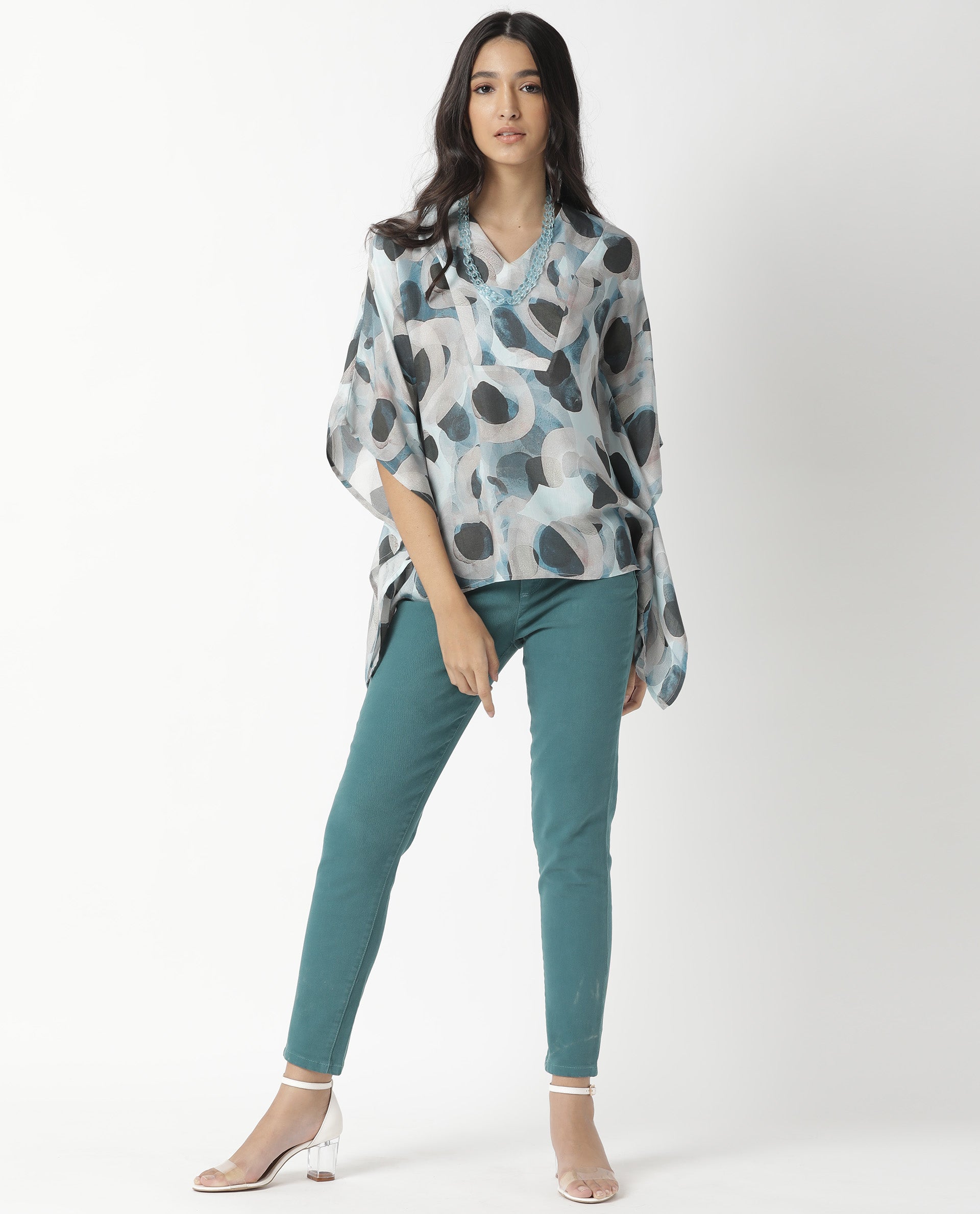Rareism Women's Kans Blue Cotton Blend V-Neck Abstract Print Bell Sleeve Relaxed Fit Top