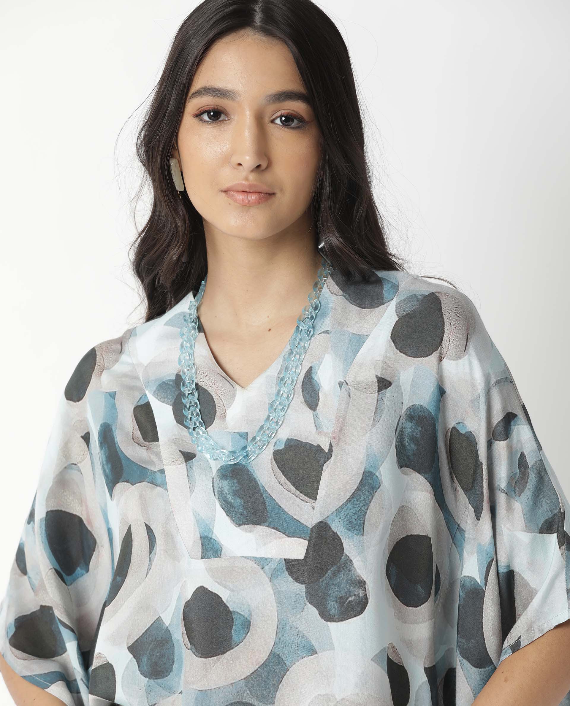 Rareism Women's Kans Blue Cotton Blend V-Neck Abstract Print Bell Sleeve Relaxed Fit Top