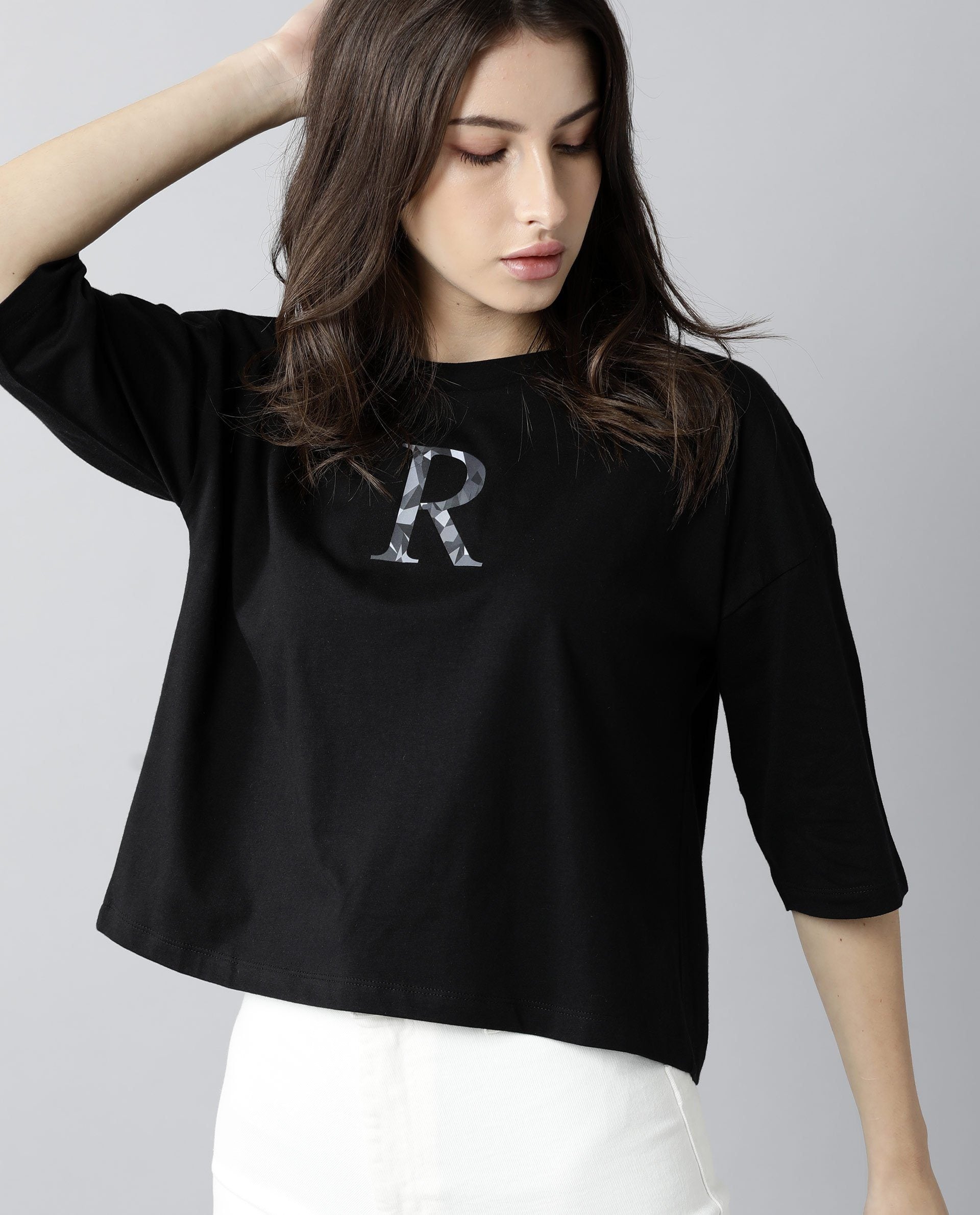 Rareism Womens Kaput Black T-Shirt Crew Neck Cotton Nylon Fabric Regular Fit Round Neck