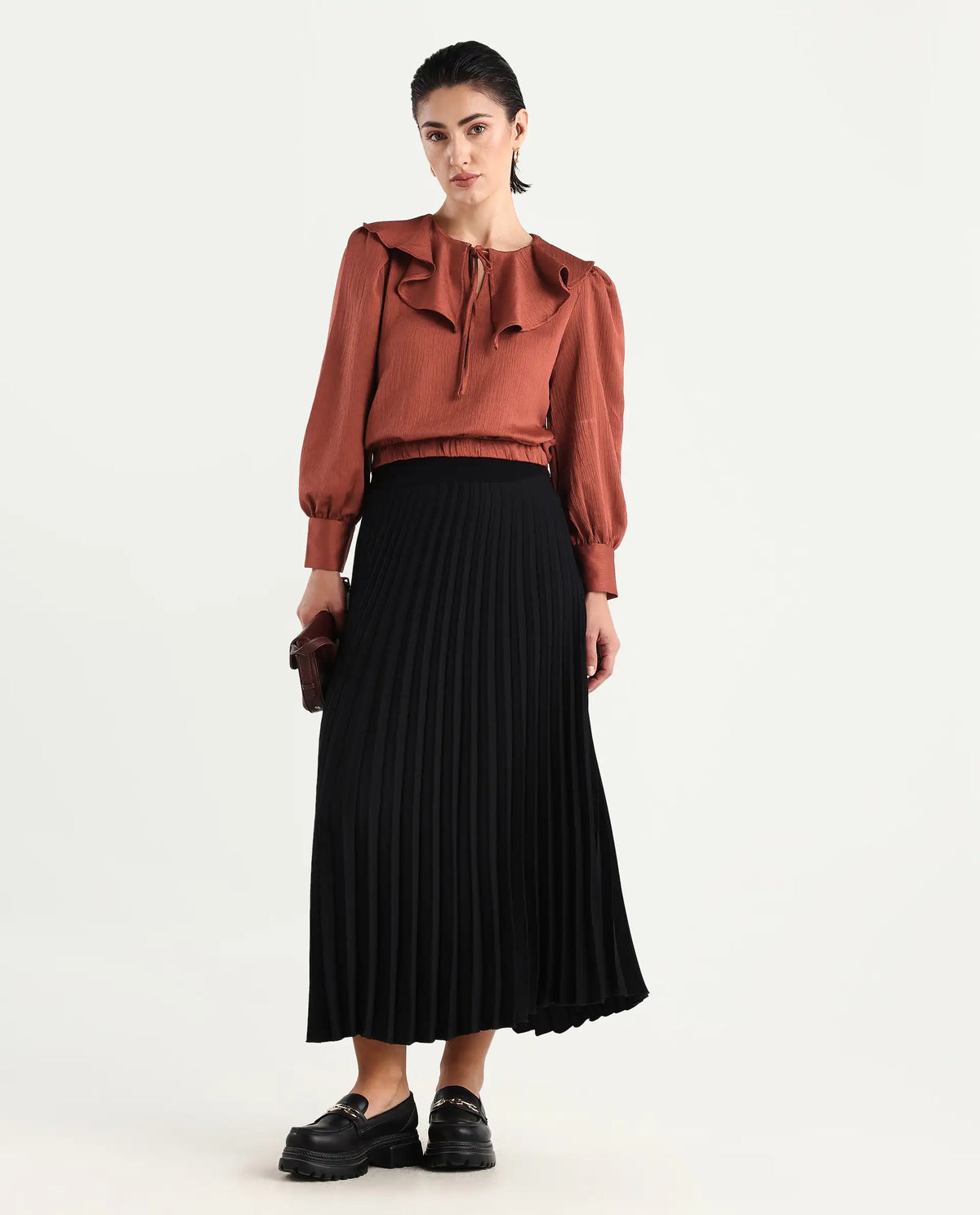 Rareism Women's Karabuk Orange Polyester Tie-Up Neck Plain Cuffed Sleeve Crop Regular Fit Top