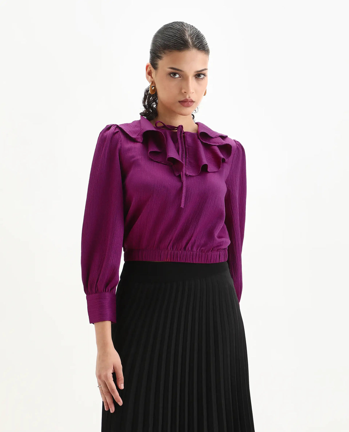 Rareism Women's Karabuk Purple Polyester Tie-Up Neck Plain Cuffed Sleeve Crop Regular Fit Top