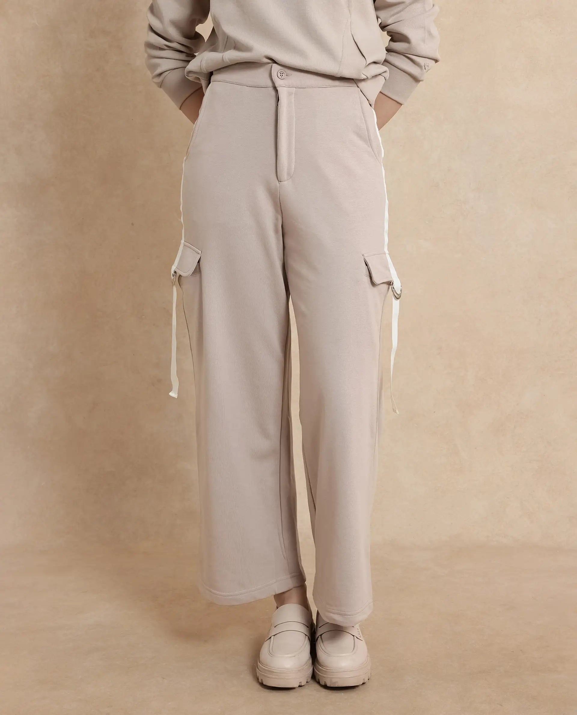 Rareism Women's Kar Beige Cotton Blend Plain Ankle Length Wide Track Pant