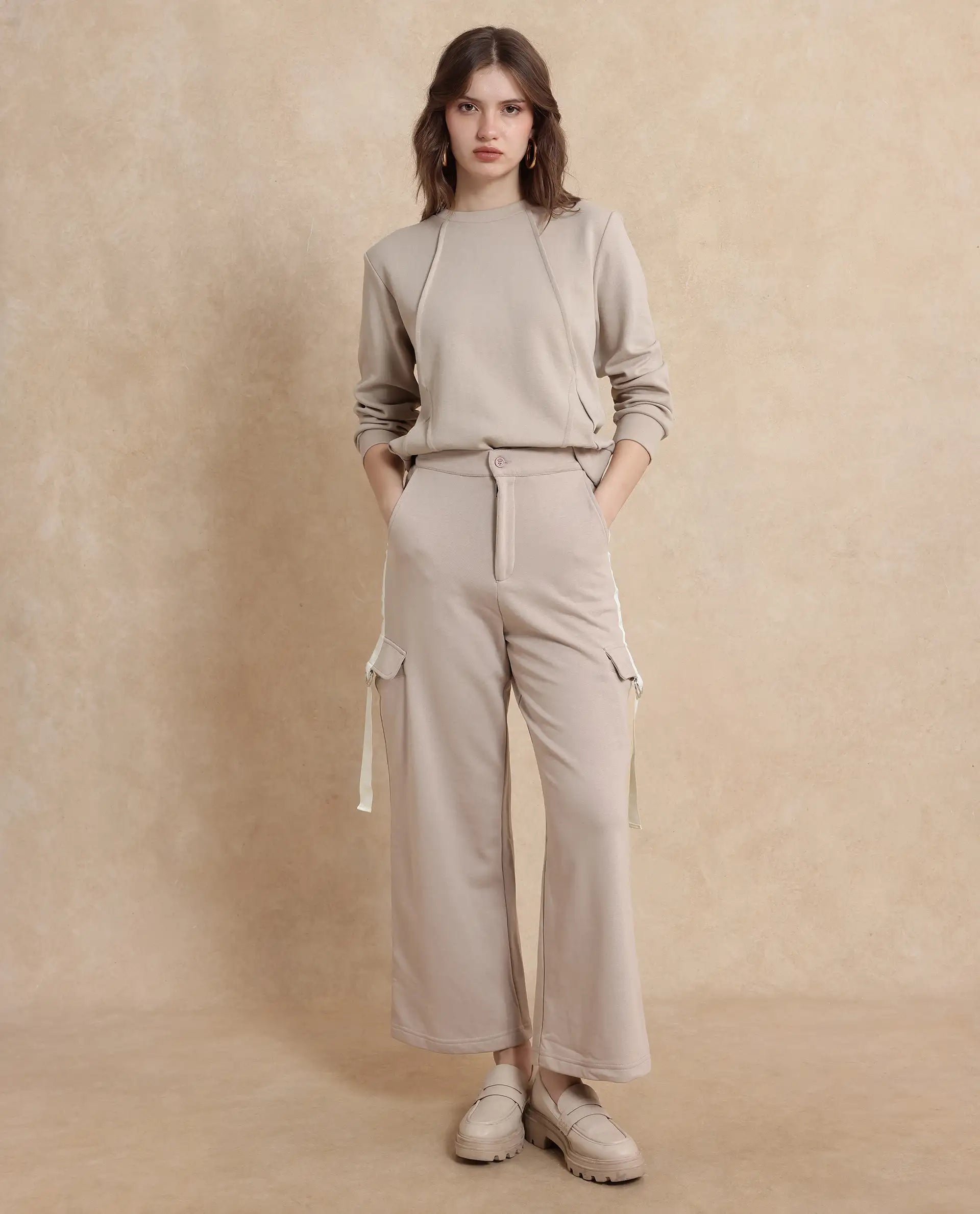 Rareism Women's Kar Beige Cotton Blend Plain Ankle Length Wide Track Pant