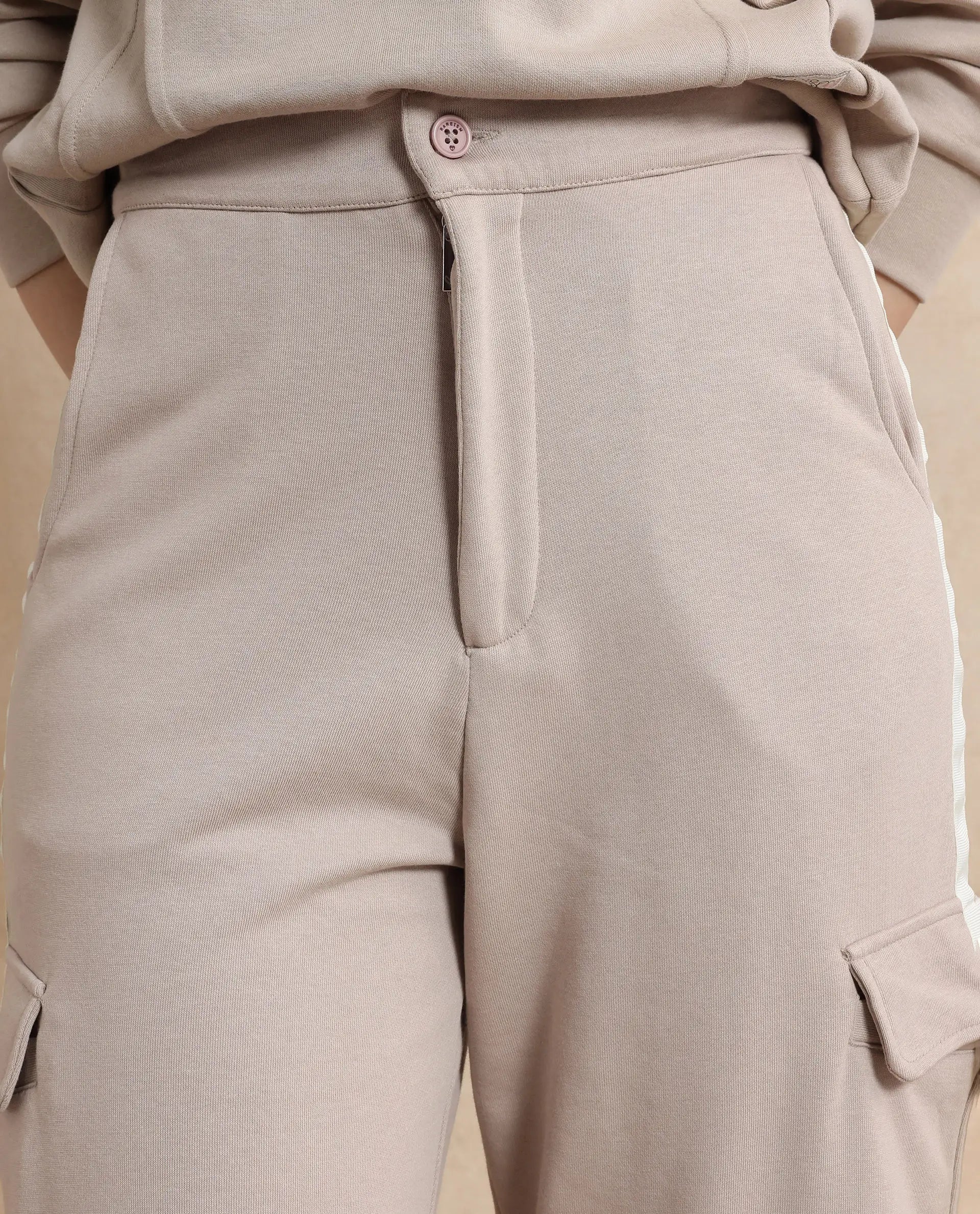 Rareism Women's Kar Beige Cotton Blend Plain Ankle Length Wide Track Pant