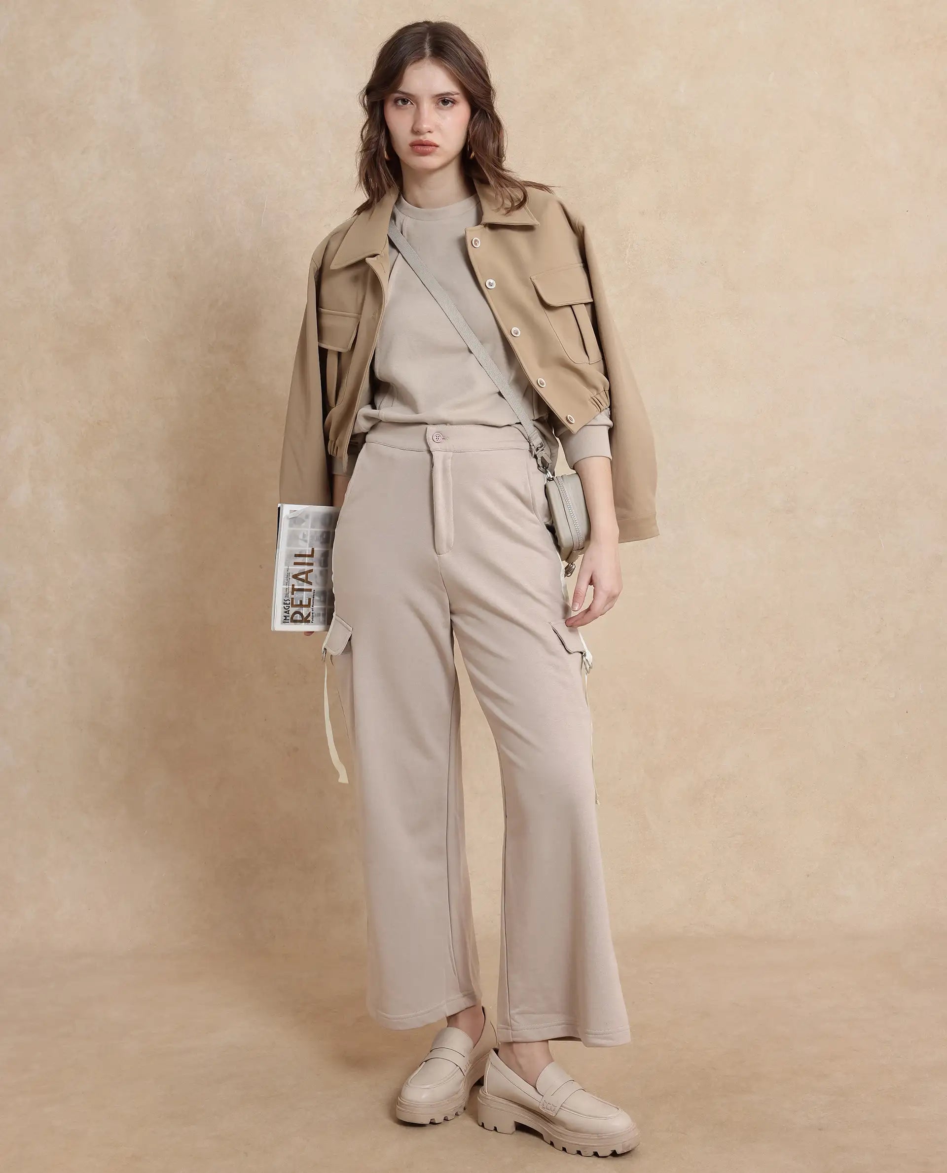 Rareism Women's Kar Beige Cotton Blend Plain Ankle Length Wide Track Pant