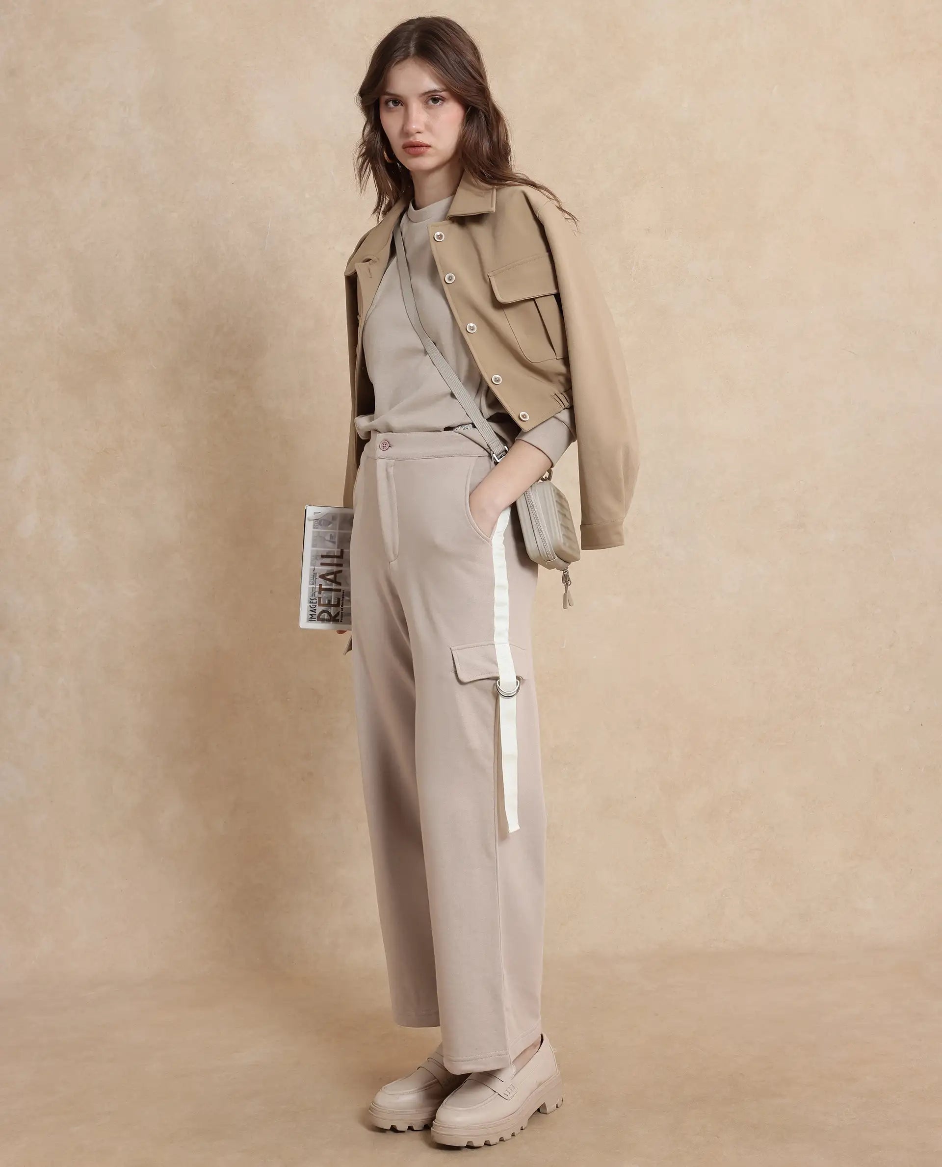Rareism Women's Kar Beige Cotton Blend Plain Ankle Length Wide Track Pant