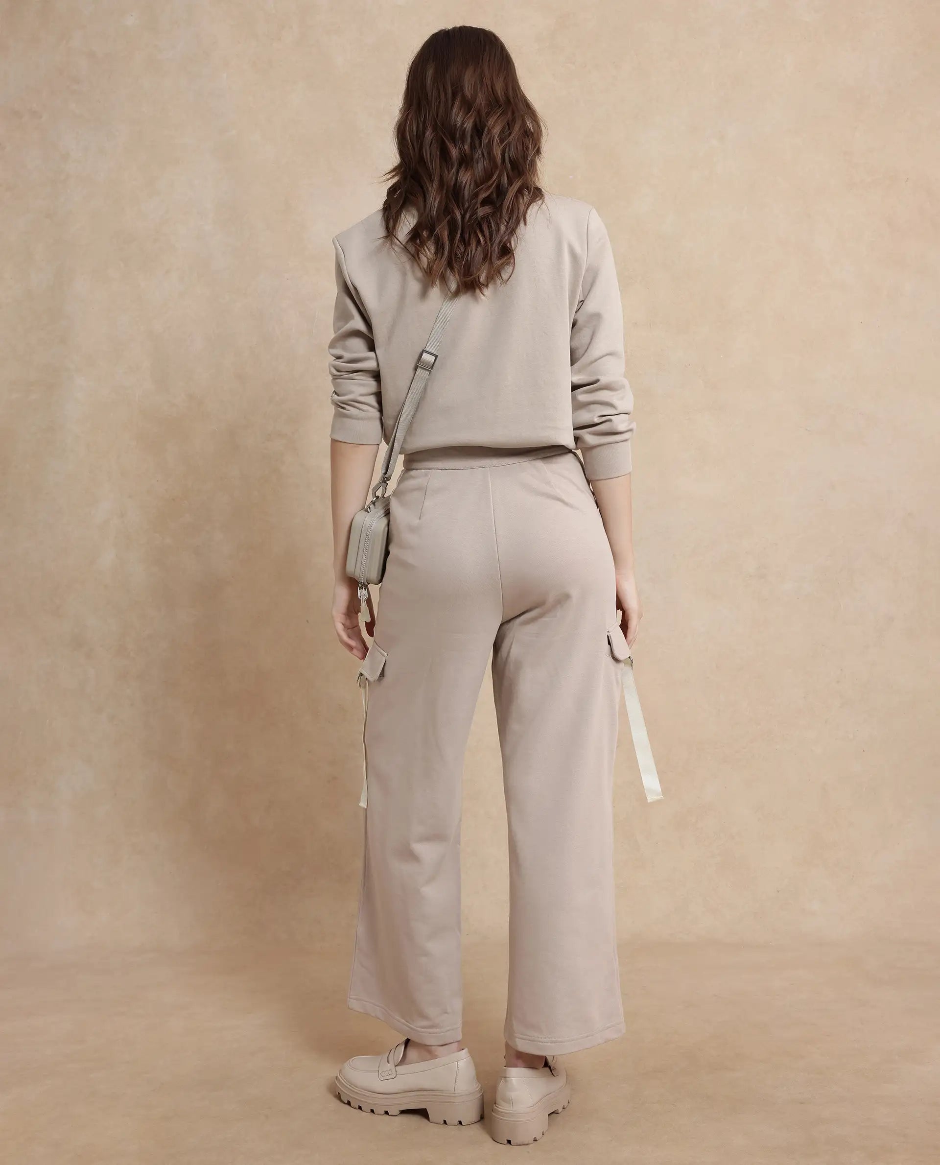 Rareism Women's Kar Beige Cotton Blend Plain Ankle Length Wide Track Pant