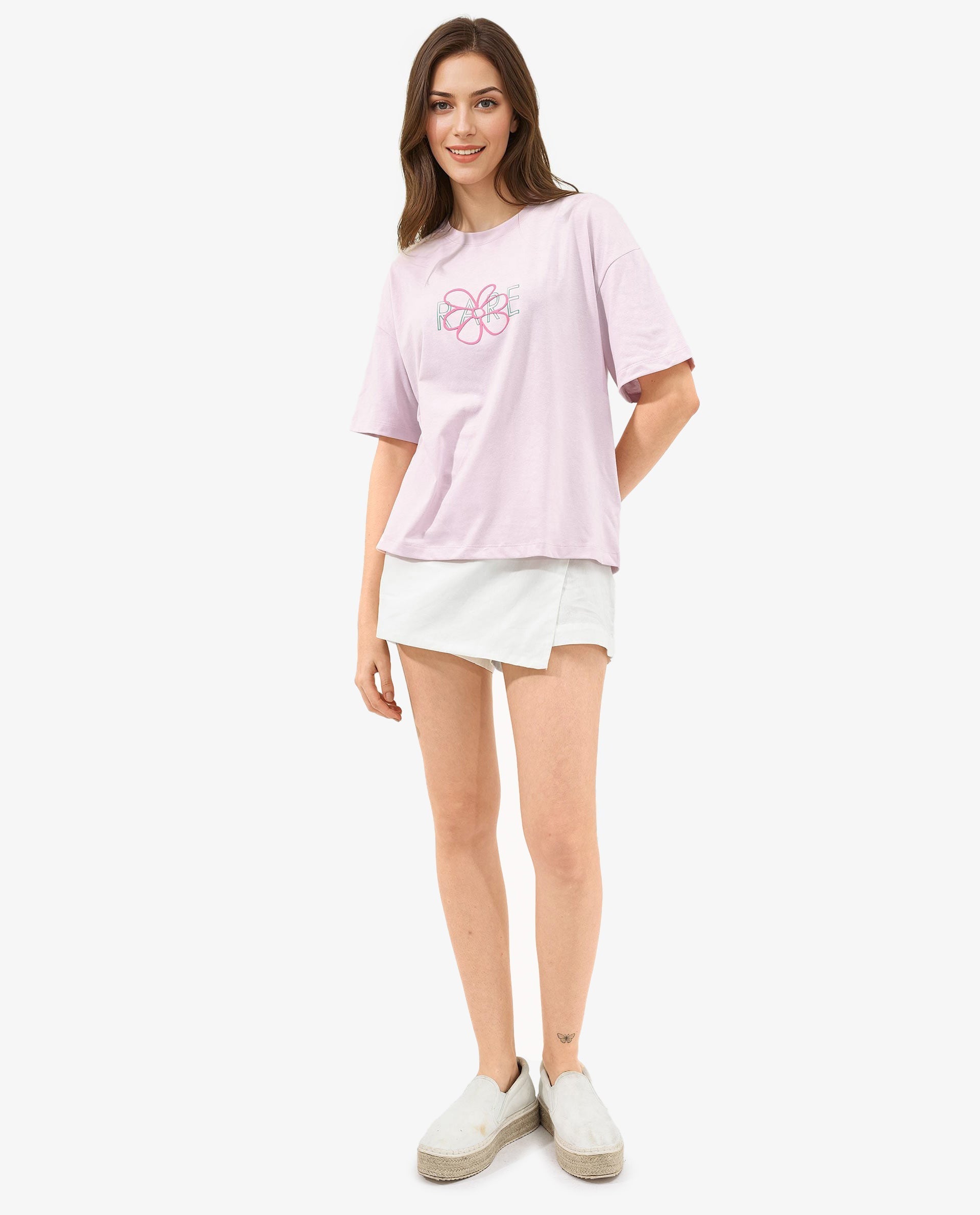 Rareism Women Karen Pastel Pink Cotton Poly Fabric Short Sleeve Crew Neck Solid T-Shirt