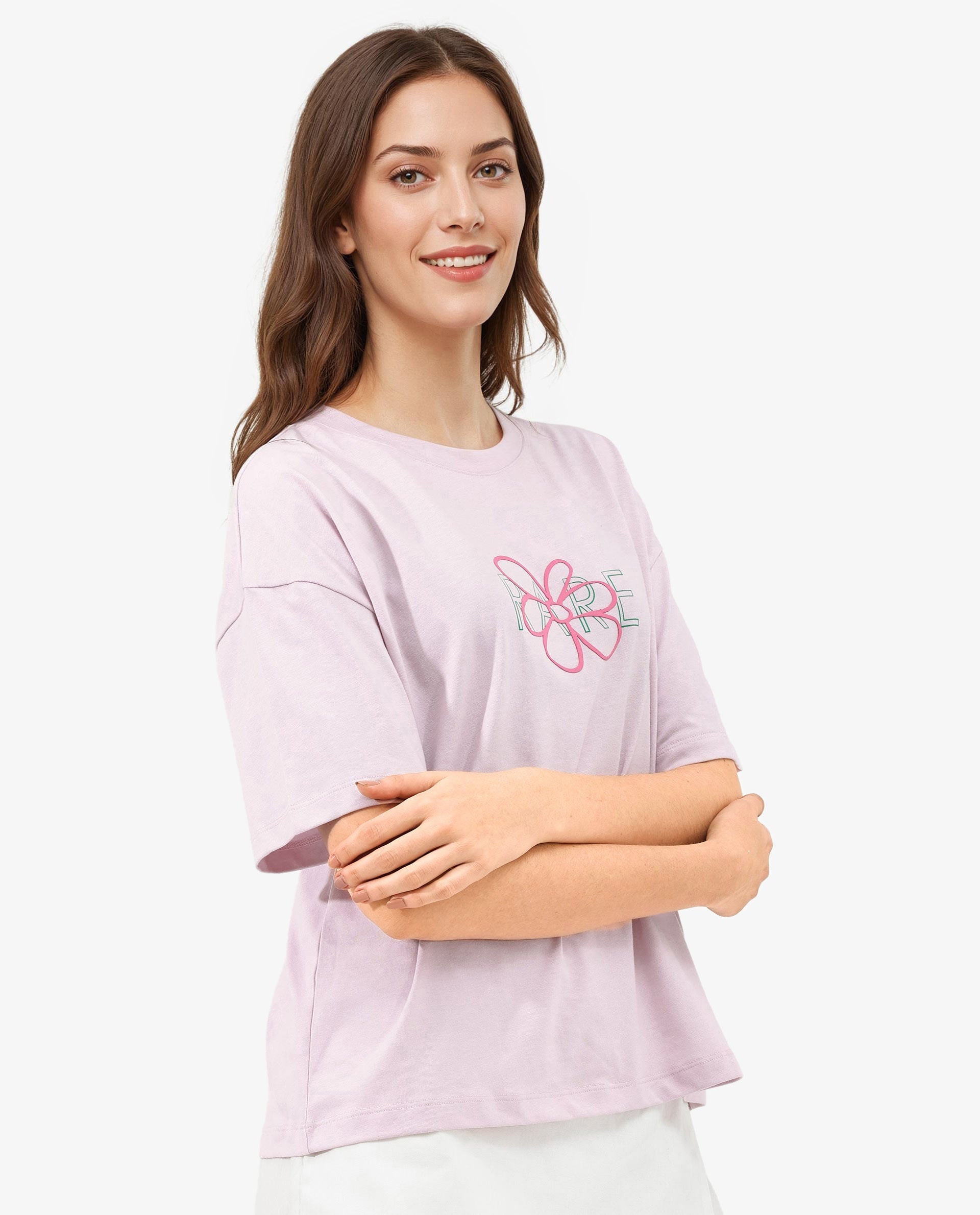 Rareism Women Karen Pastel Pink Cotton Poly Fabric Short Sleeve Crew Neck Solid T-Shirt