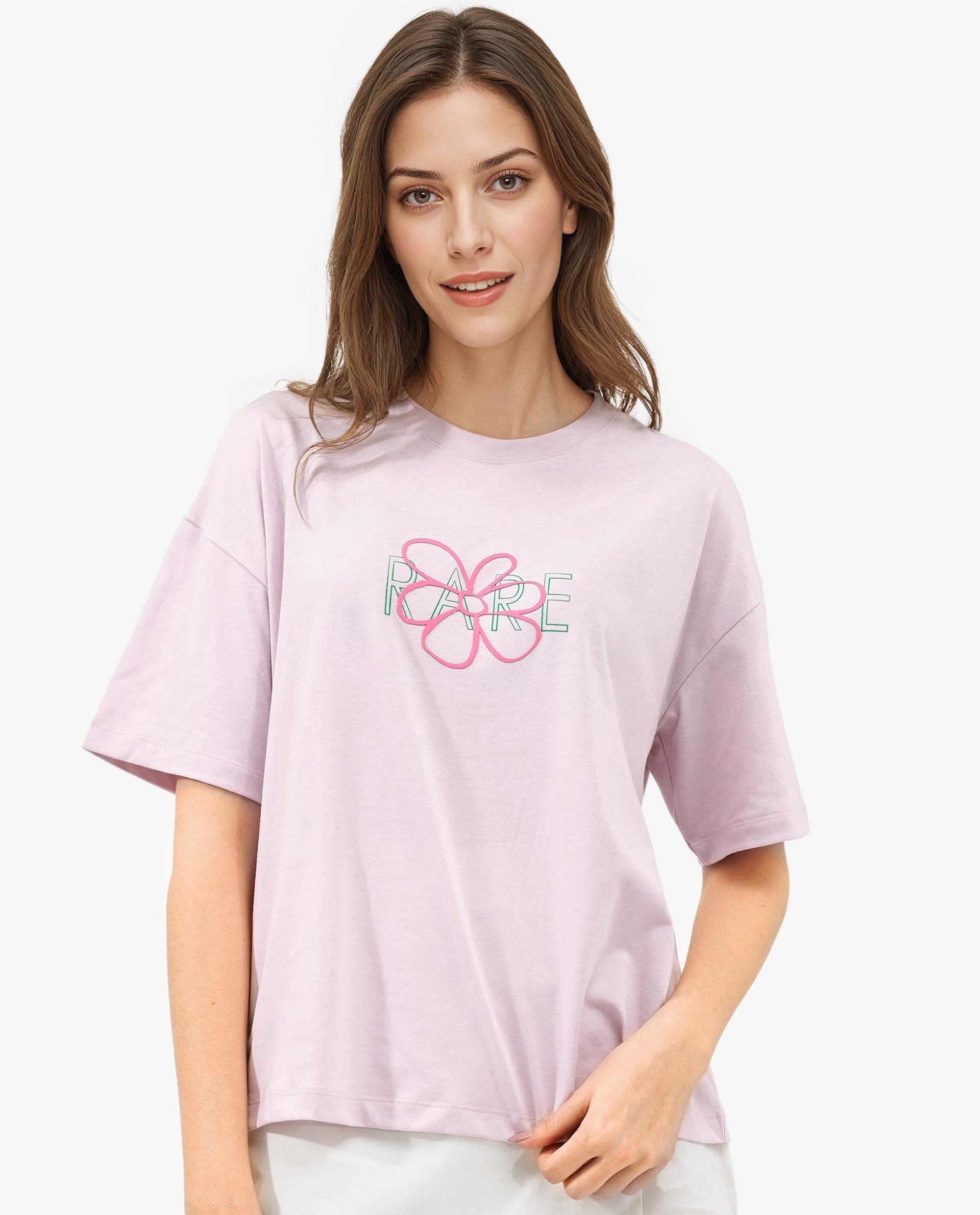 Rareism Women Karen Pastel Pink Cotton Poly Fabric Short Sleeve Crew Neck Solid T-Shirt
