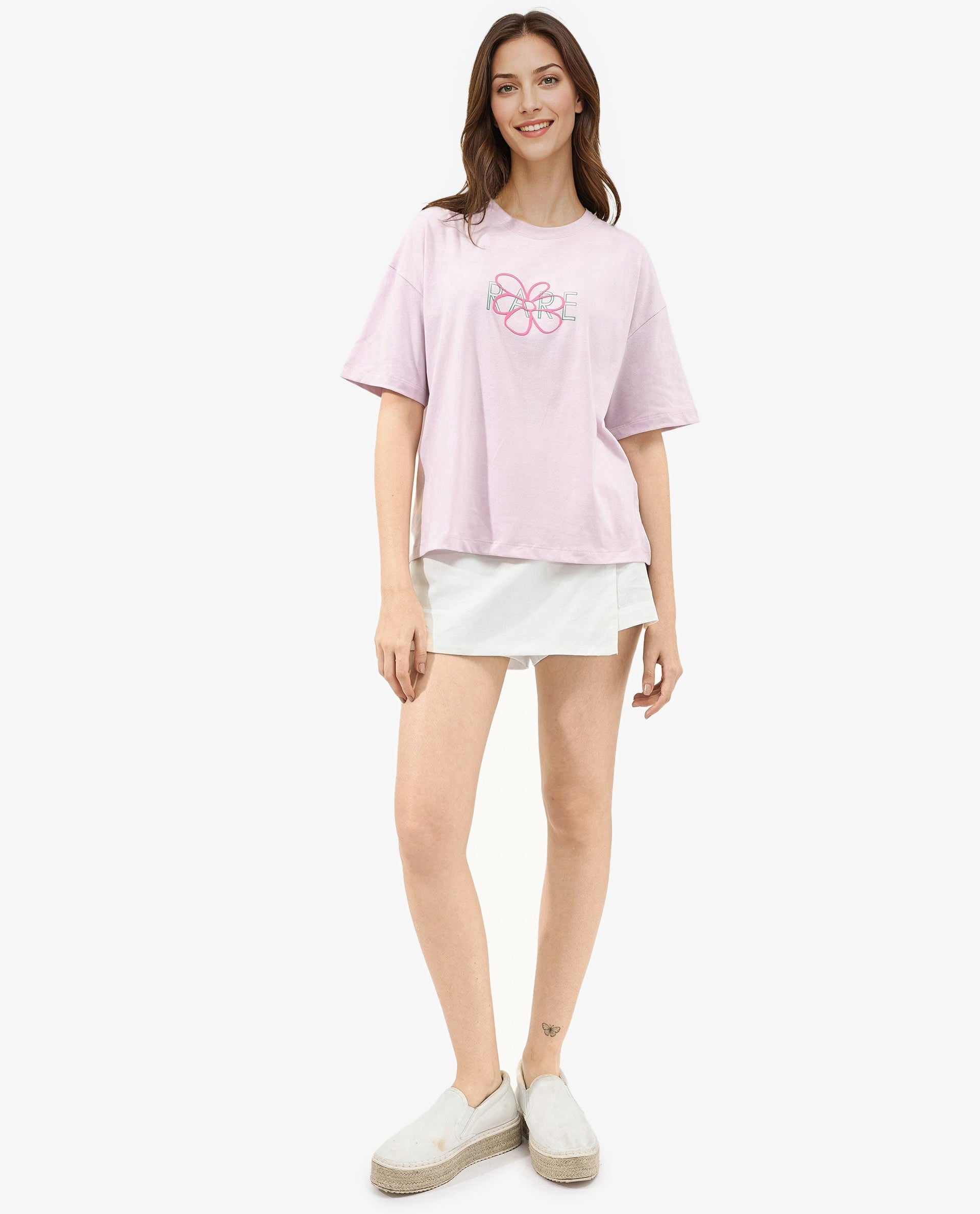 Rareism Women Karen Pastel Pink Cotton Poly Fabric Short Sleeve Crew Neck Solid T-Shirt