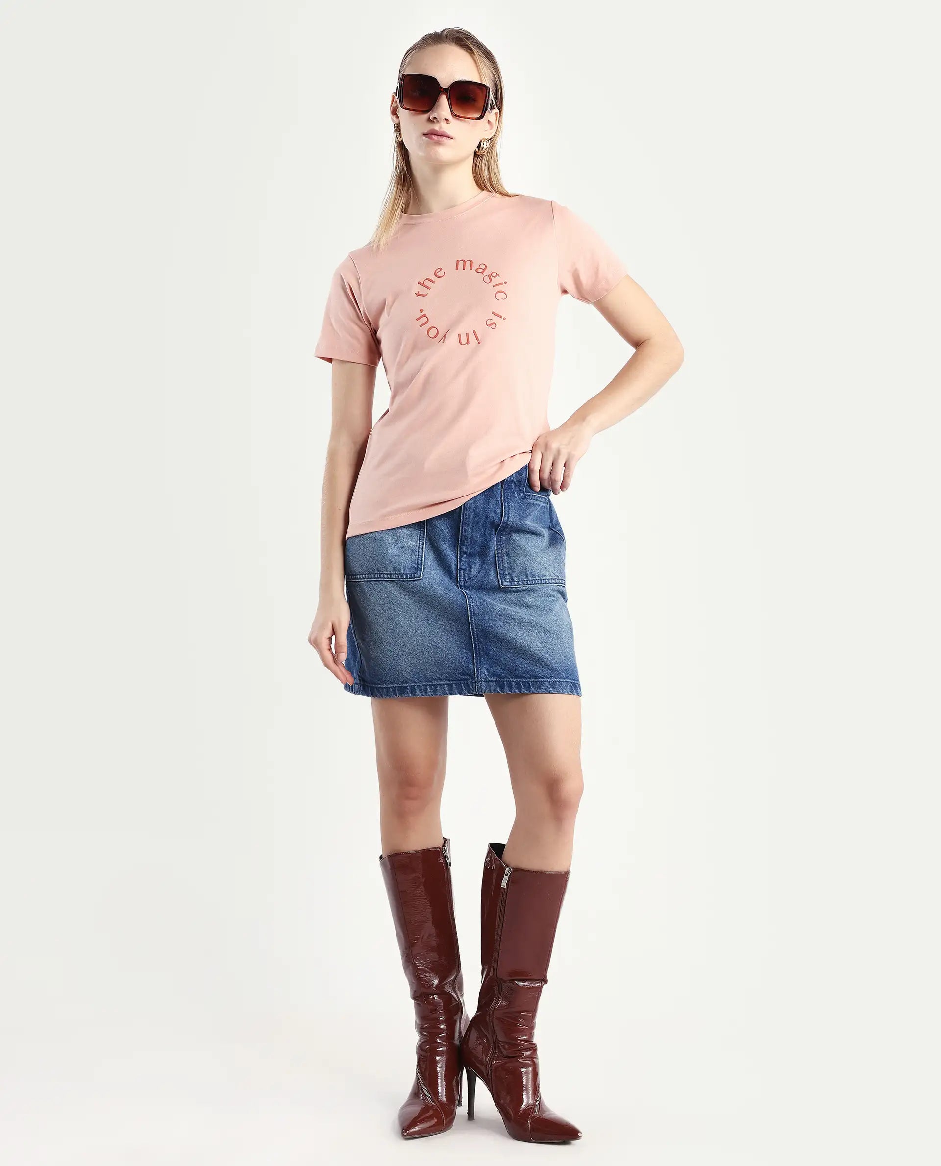 Rareism Women's Karlie Light Peach Cotton Blend Crew Neck Graphic Print Regular Fit T-Shirt