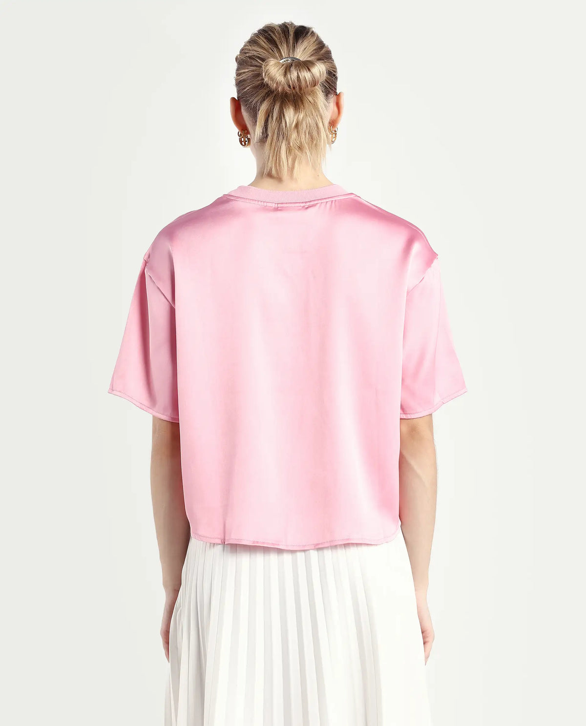 Rareism Women's Karuno Light Pink Satin Blend Ribbed Collar Plain Boxy Fit Top
