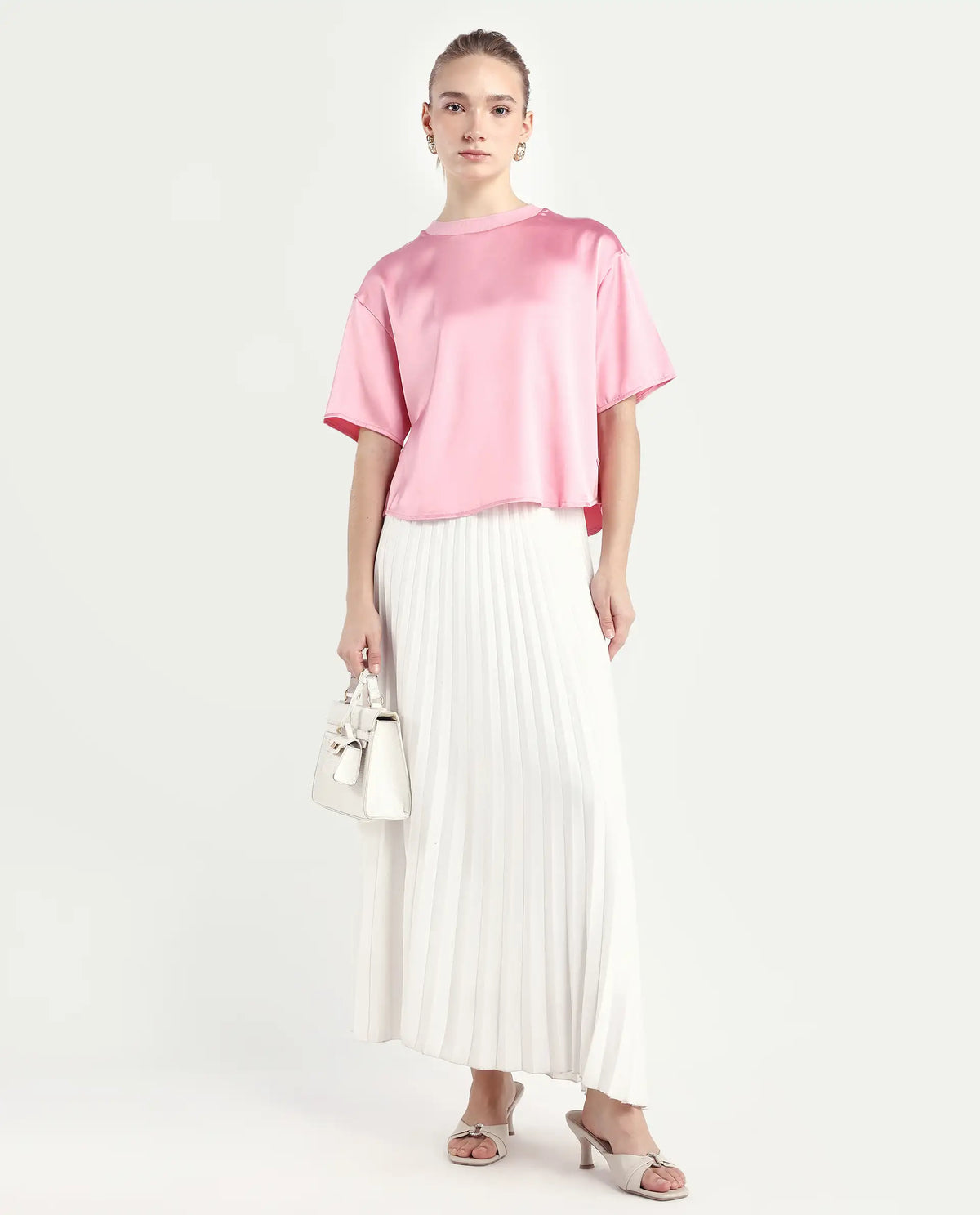 Rareism Women's Karuno Light Pink Satin Blend Ribbed Collar Plain Boxy Fit Top