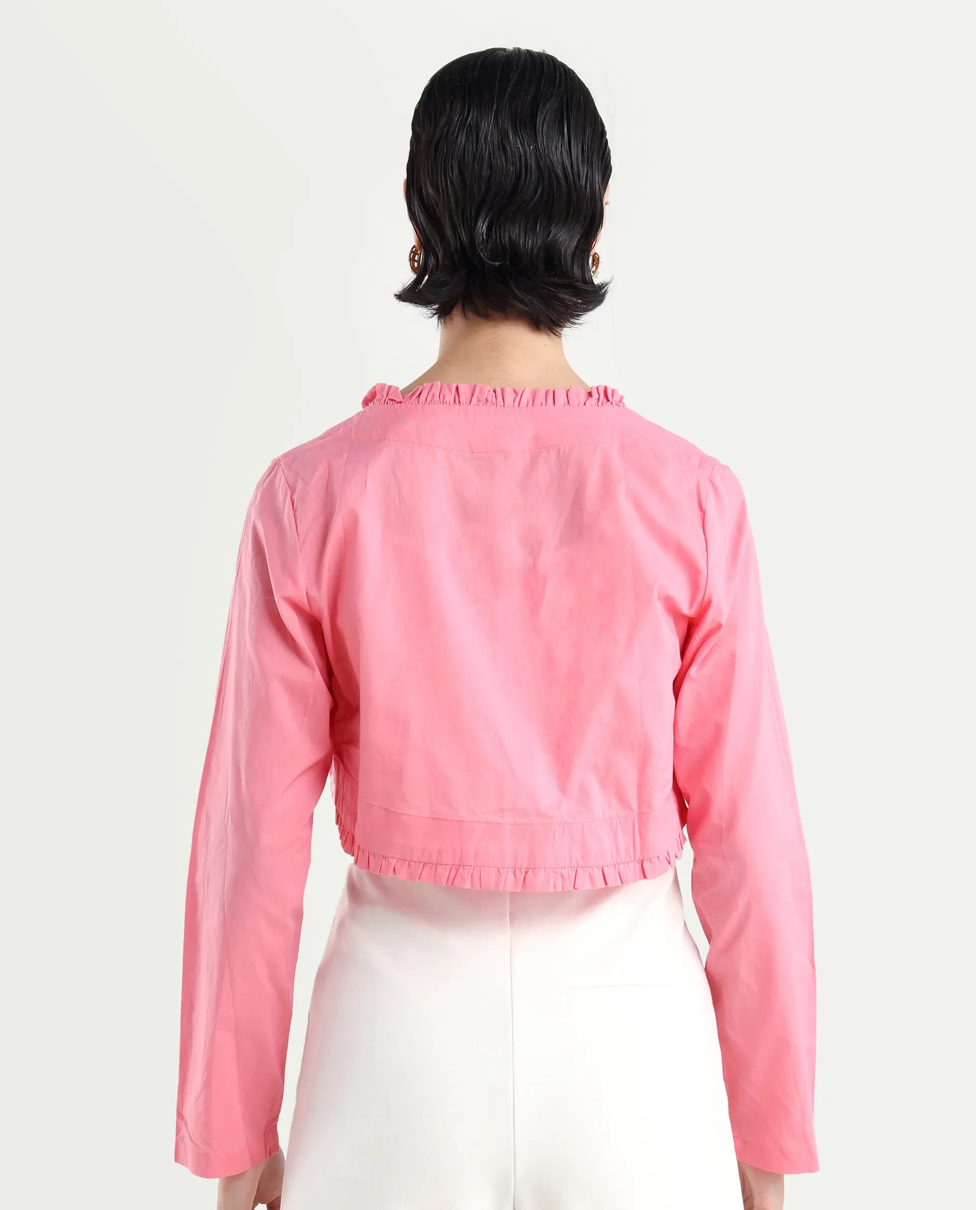 Rareism Women's Kathy Overlay Pink Cotton V-Neck Plain Crop Relaxed Fit Shrug