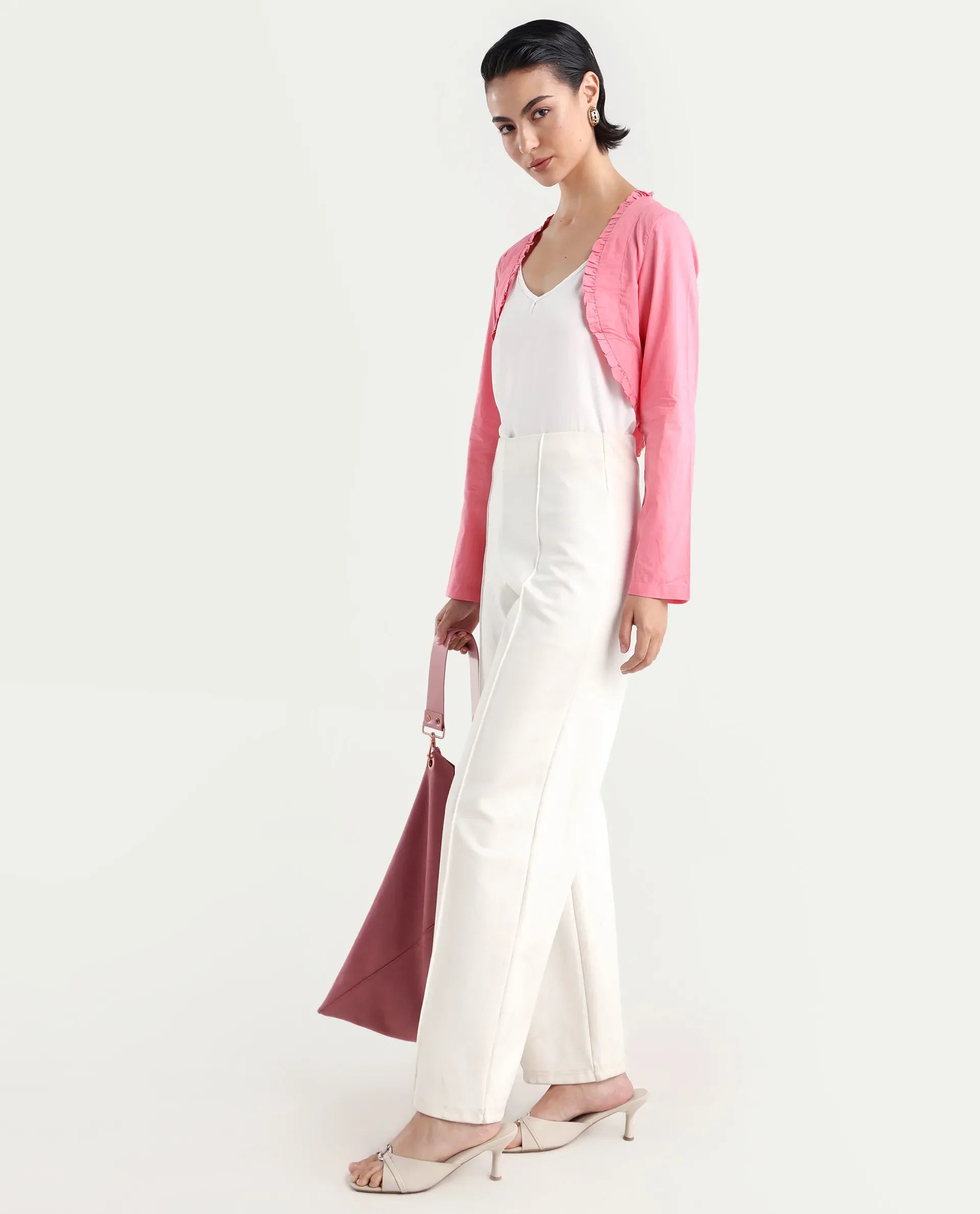 Rareism Women's Kathy Overlay Pink Cotton V-Neck Plain Crop Relaxed Fit Shrug
