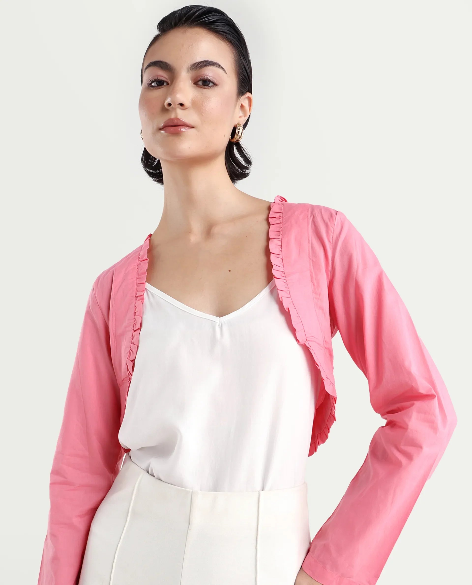 Rareism Women's Kathy Overlay Pink Cotton V-Neck Plain Crop Relaxed Fit Shrug