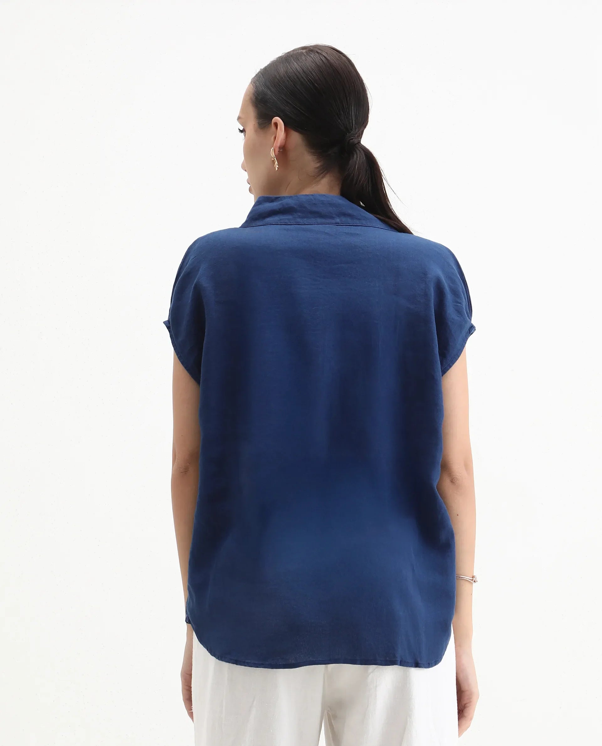 Rareism Women's Kavier Blue Linen High Neck Plain Knee Length Regular Fit Top