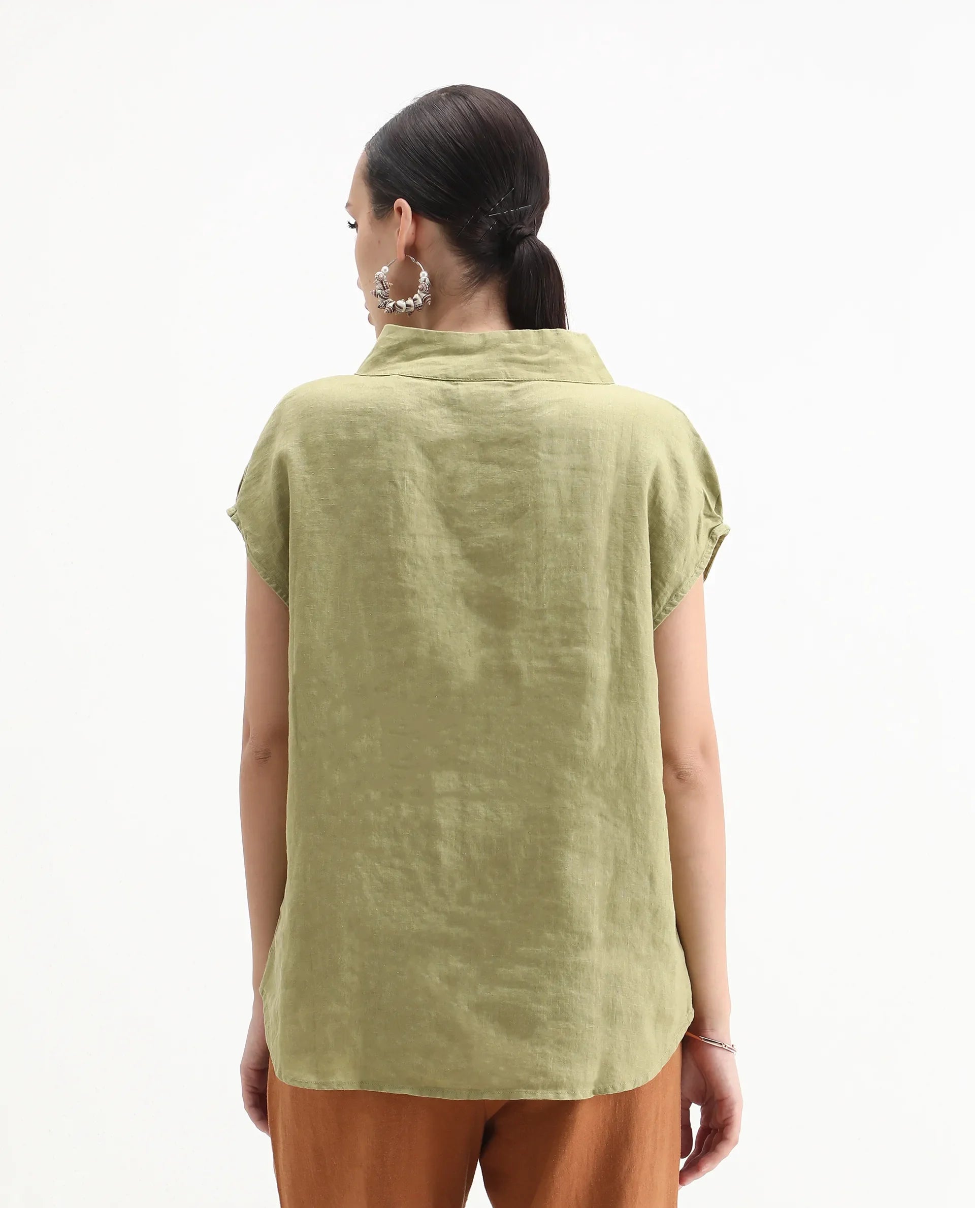 Rareism Women's Kavier Green Linen High Neck Plain Regular Fit Top