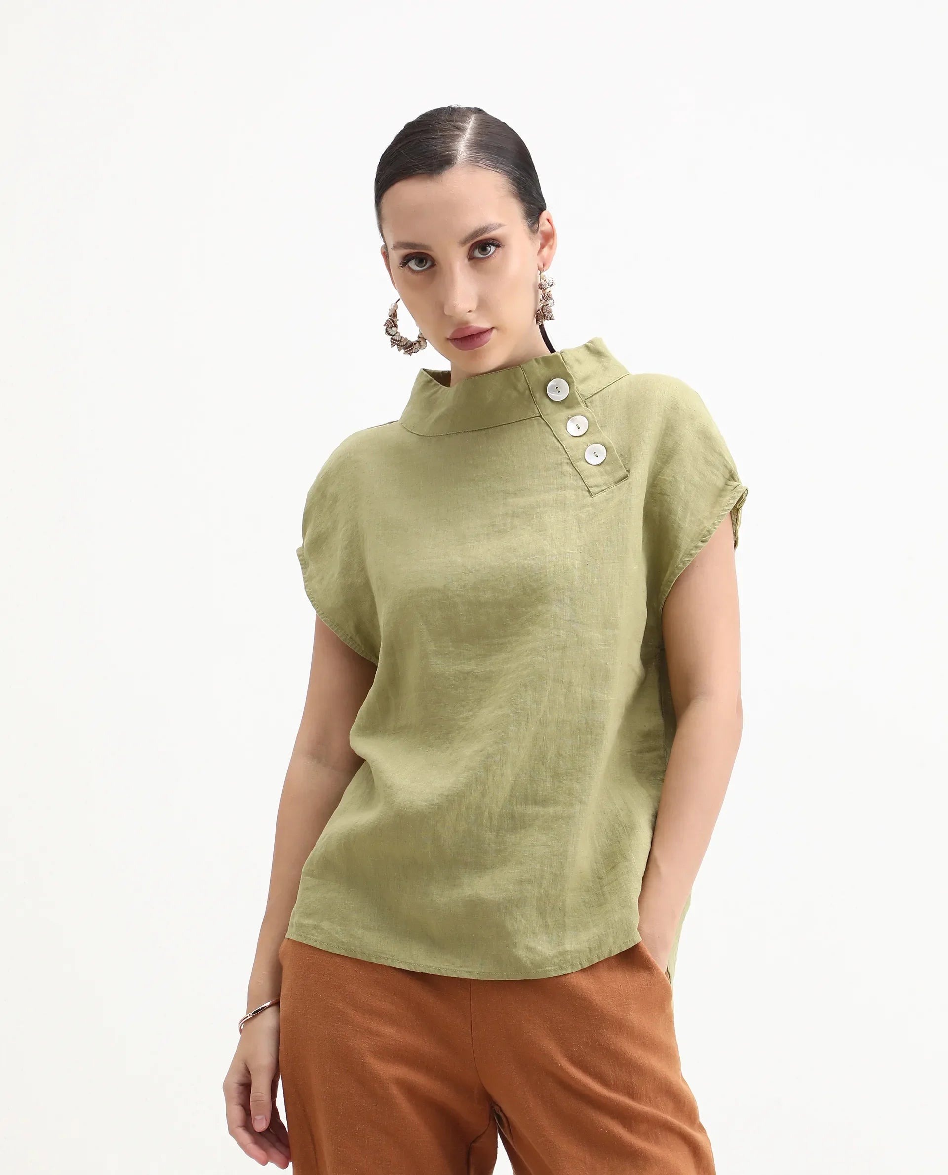 Rareism Women's Kavier Green Linen High Neck Plain Regular Fit Top