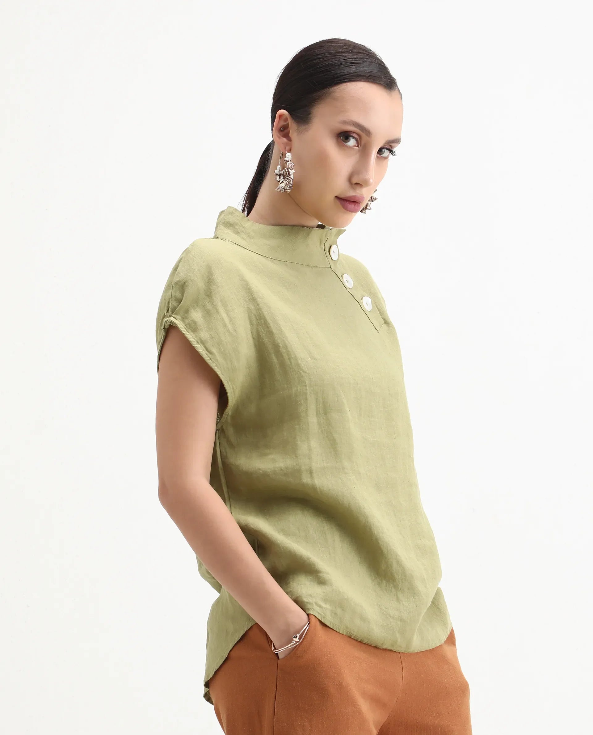 Rareism Women's Kavier Green Linen High Neck Plain Regular Fit Top