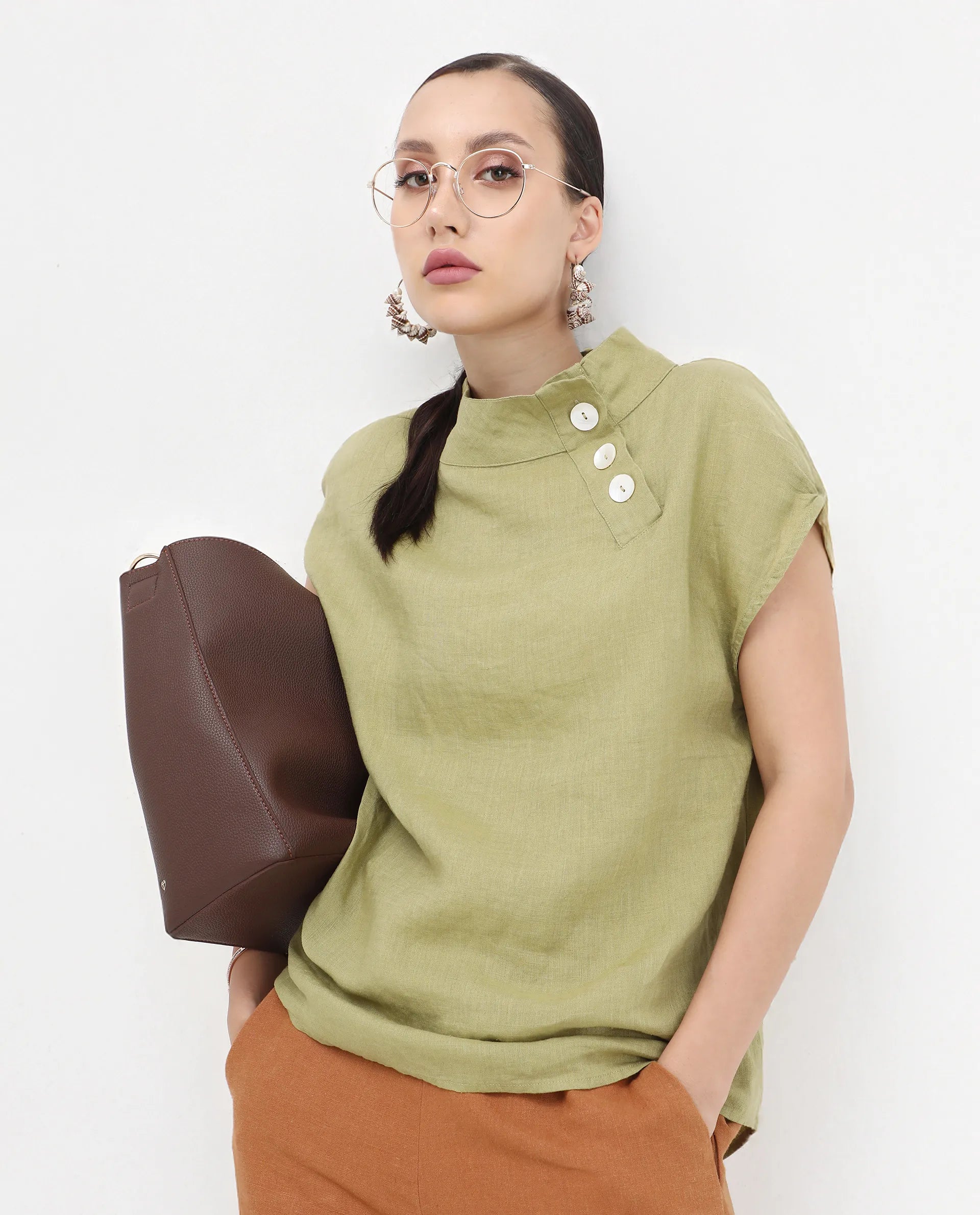Rareism Women's Kavier Green Linen High Neck Plain Regular Fit Top