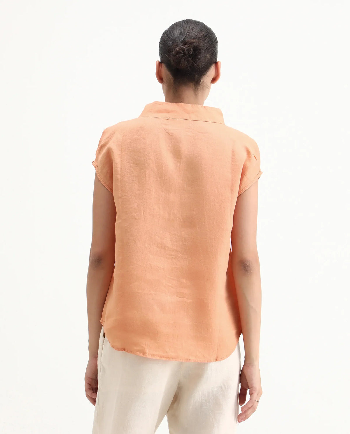 Rareism Women's Kavier Orange Linen High Neck Plain Regular Fit Top