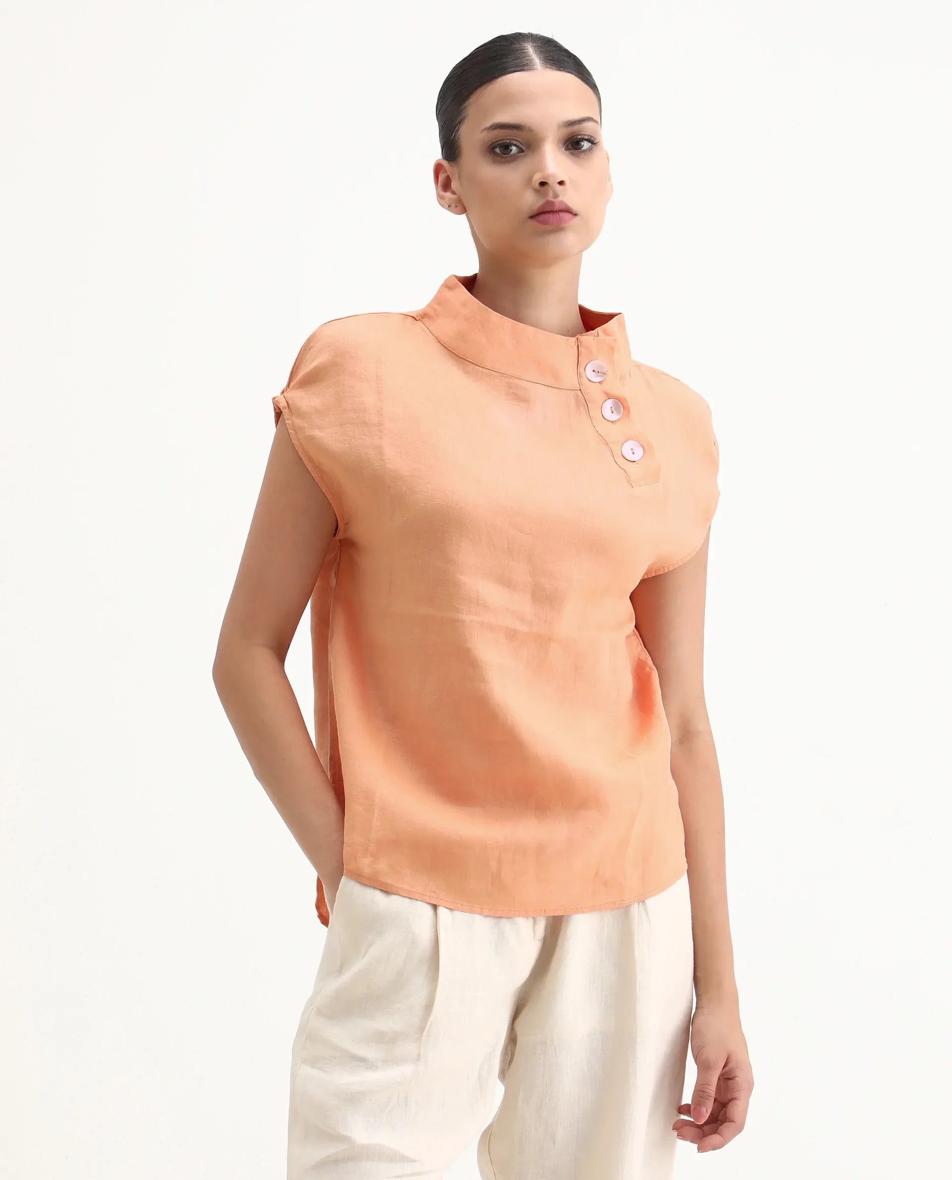 Rareism Women's Kavier Orange Linen High Neck Plain Regular Fit Top