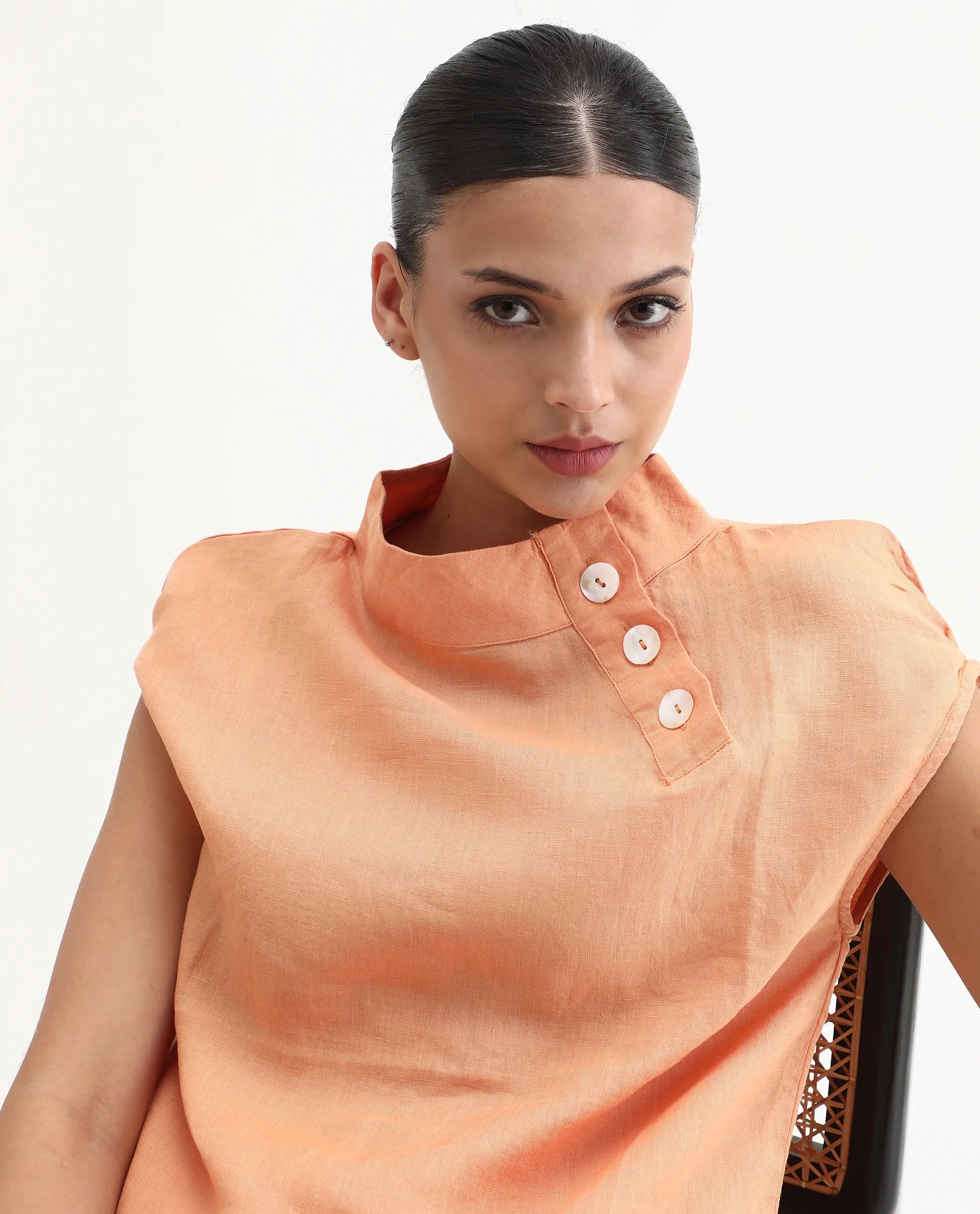 Rareism Women's Kavier Orange Linen High Neck Plain Regular Fit Top