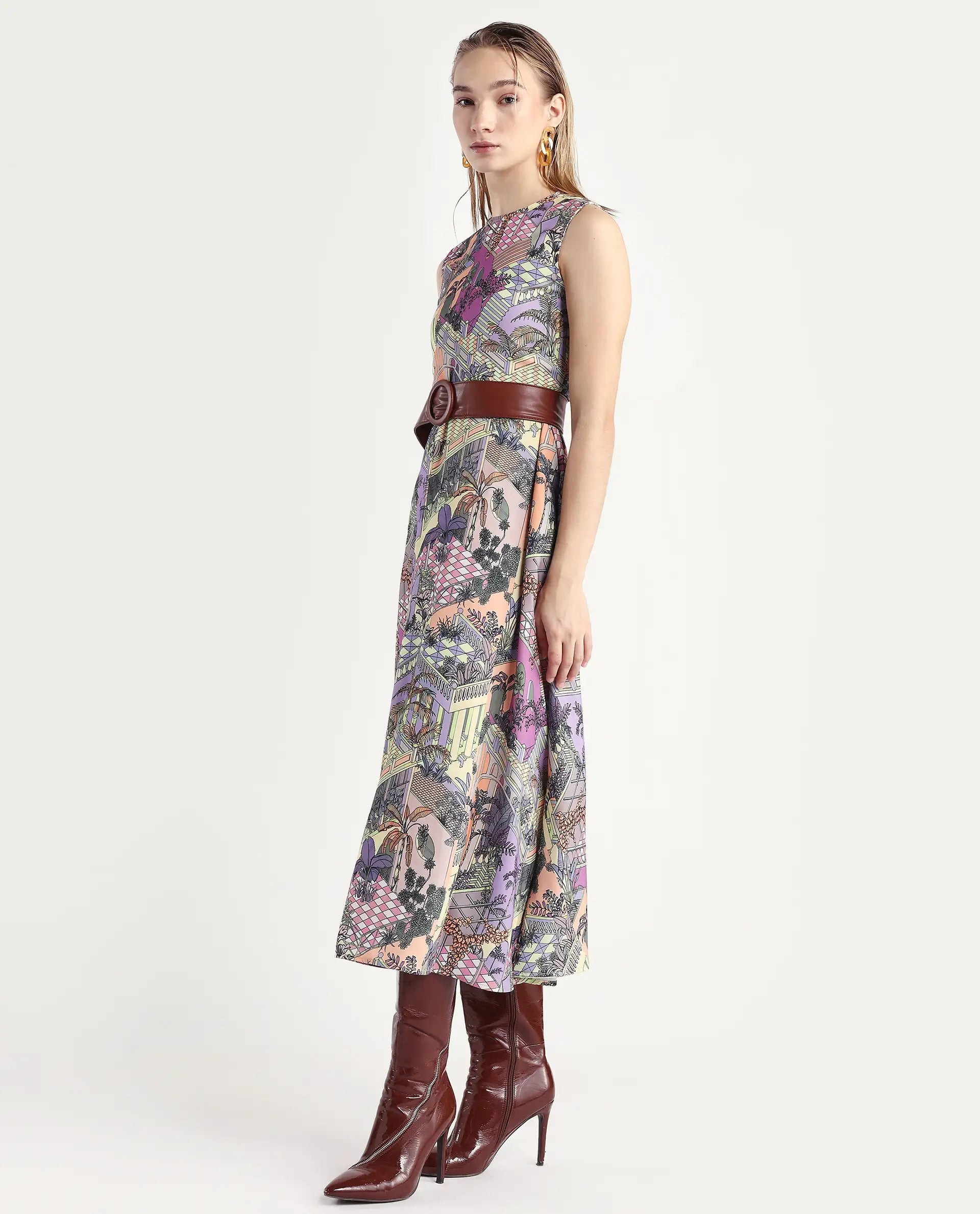 Rareism Women's Kaylee Multi Polyester Crew Neck Graphic Print Sleeveless Maxi Fit And Flare Dress