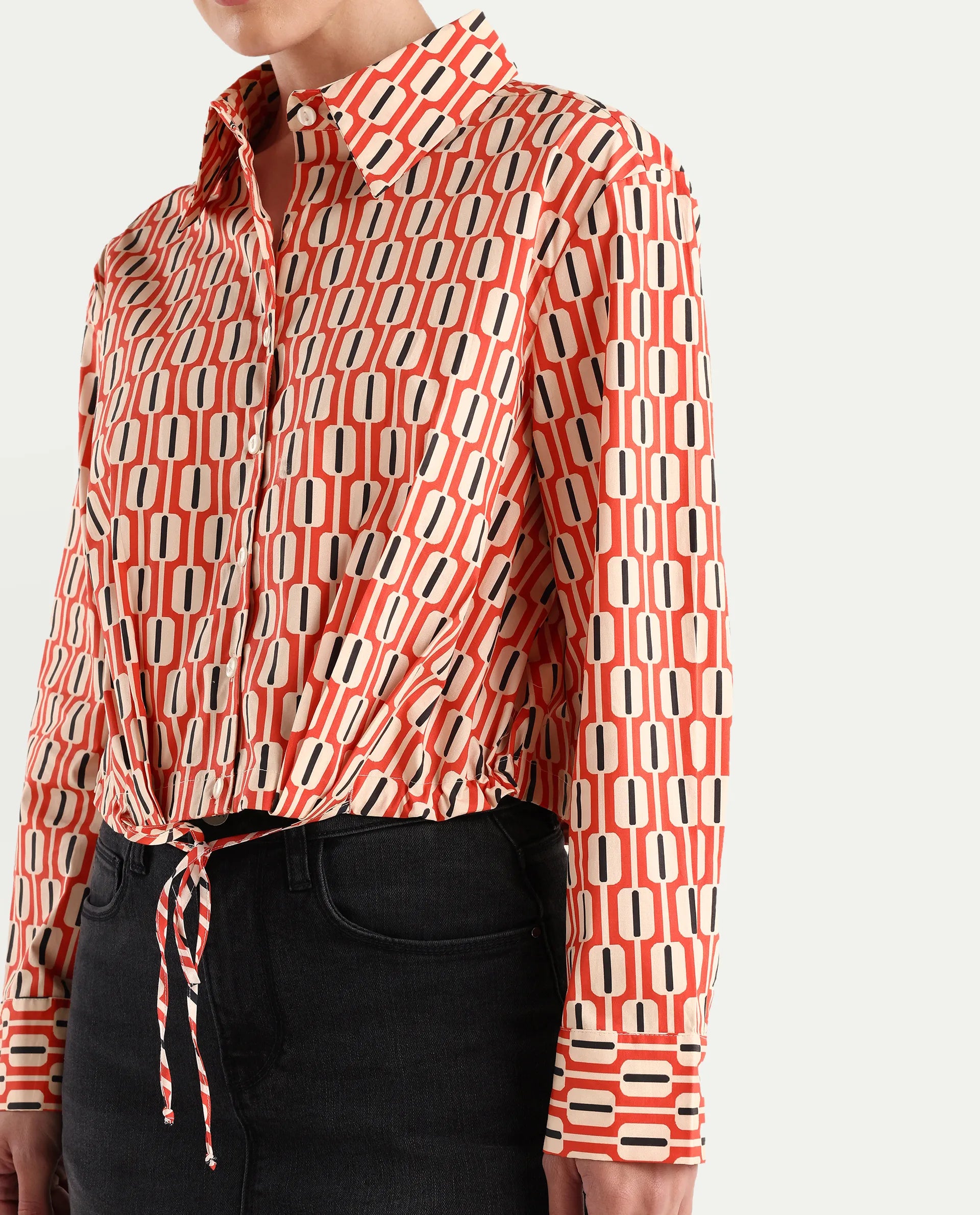Rareism Women's Kayline Multi Cotton Blend Drop Collar Geometric Print Cuffed Sleeve Crop Regular Fit Top