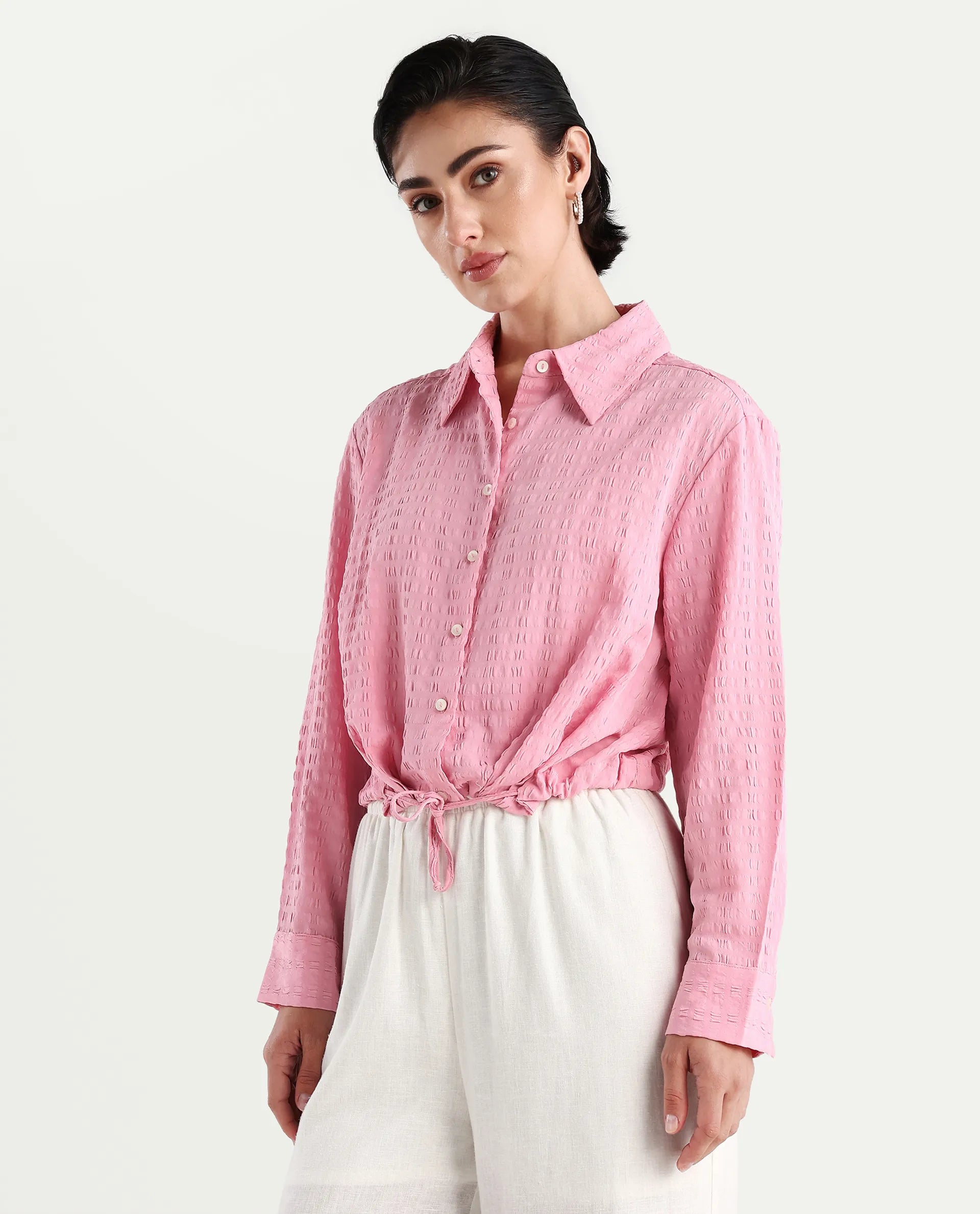 Rareism Women's Kaylo Pink Cotton Blend Drop Collar Plain Cuffed Sleeve Crop Regular Fit Top