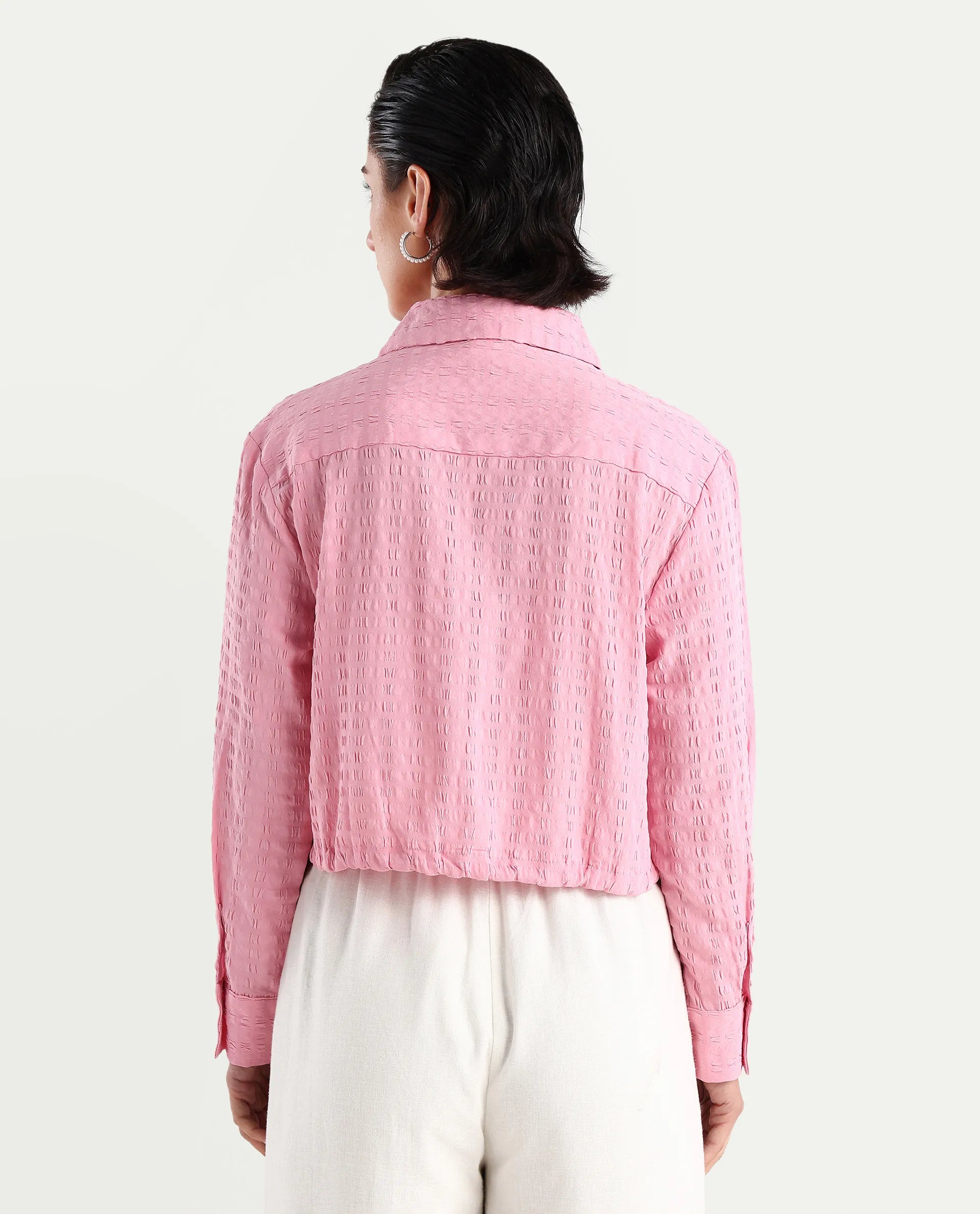 Rareism Women's Kaylo Pink Cotton Blend Drop Collar Plain Cuffed Sleeve Crop Regular Fit Top