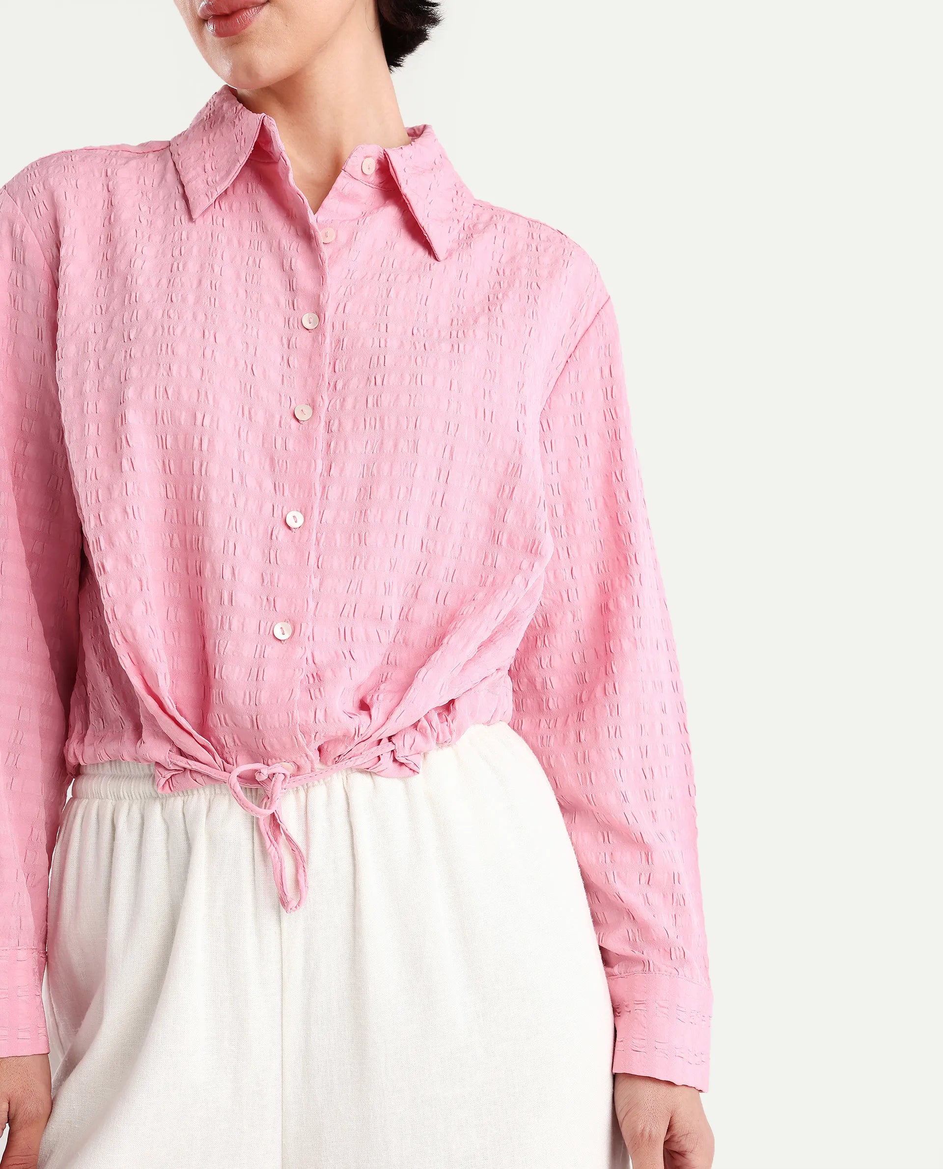 Rareism Women's Kaylo Pink Cotton Blend Drop Collar Plain Cuffed Sleeve Crop Regular Fit Top