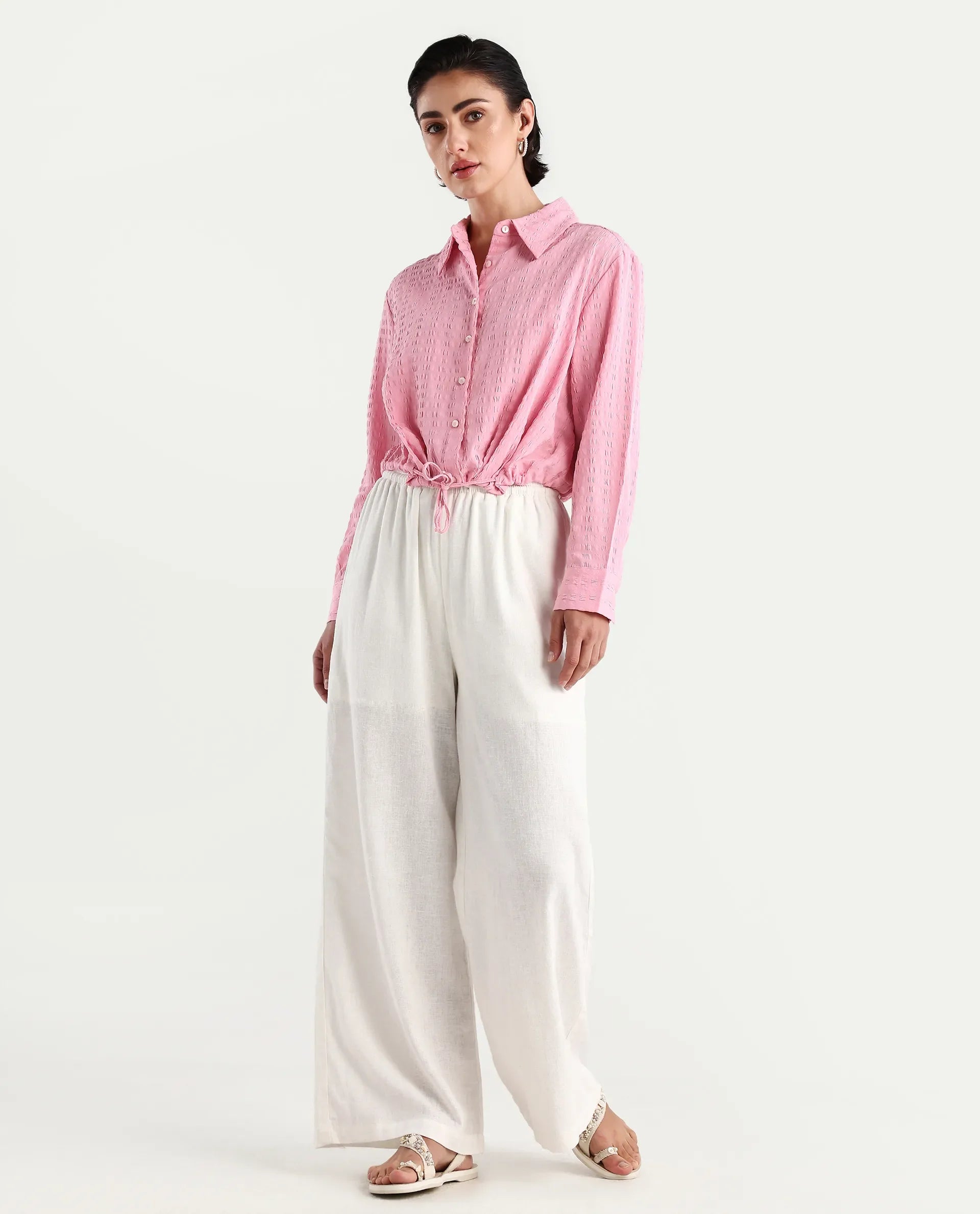 Rareism Women's Kaylo Pink Cotton Blend Drop Collar Plain Cuffed Sleeve Crop Regular Fit Top