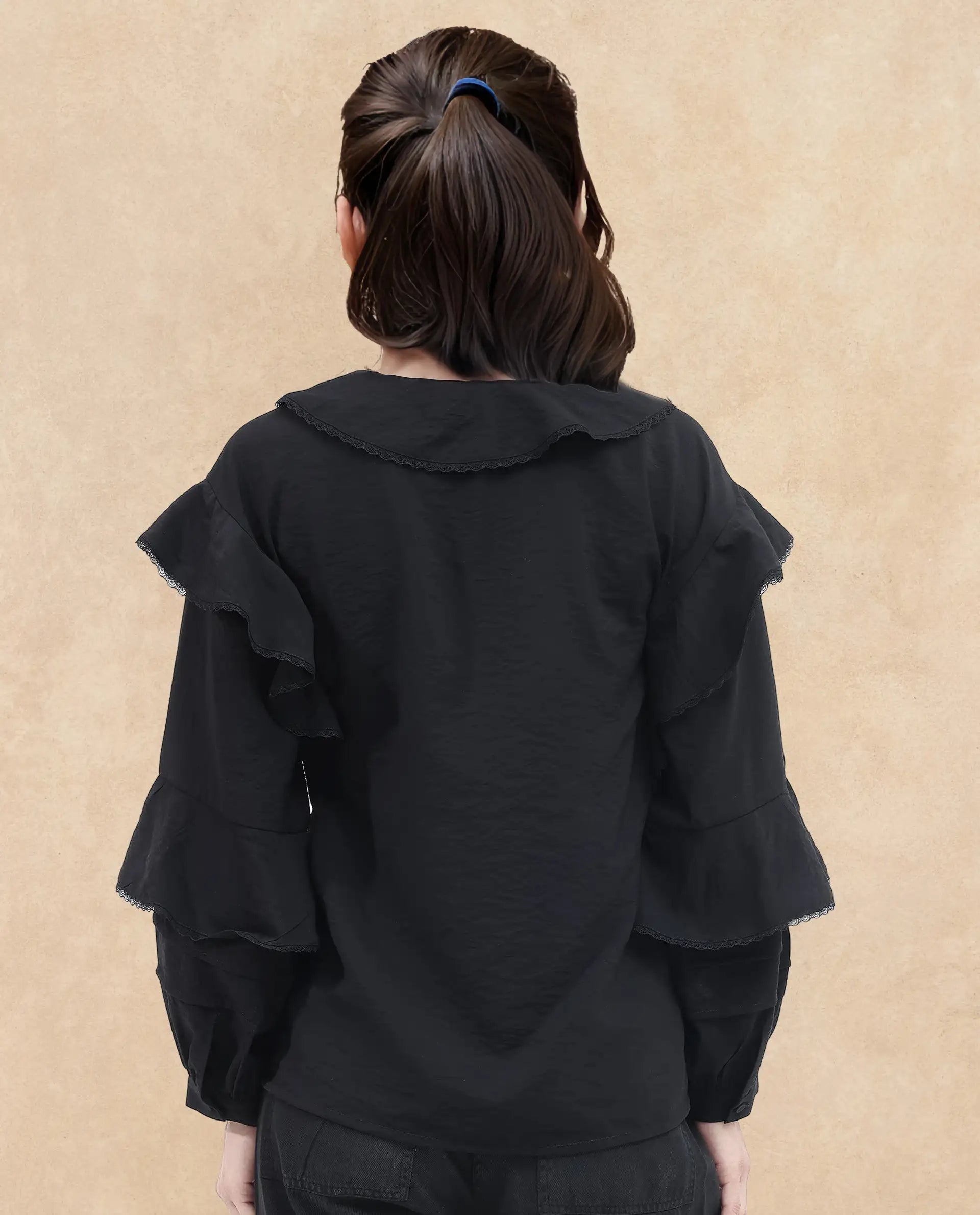 Rareism Women's Kei-T Black Nylon Blend Peter Pan Collar Plain Bishop Sleeve Relaxed Fit Top