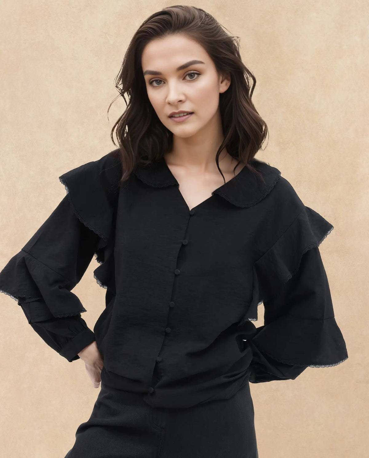 Rareism Women's Kei-T Black Nylon Blend Peter Pan Collar Plain Bishop Sleeve Relaxed Fit Top