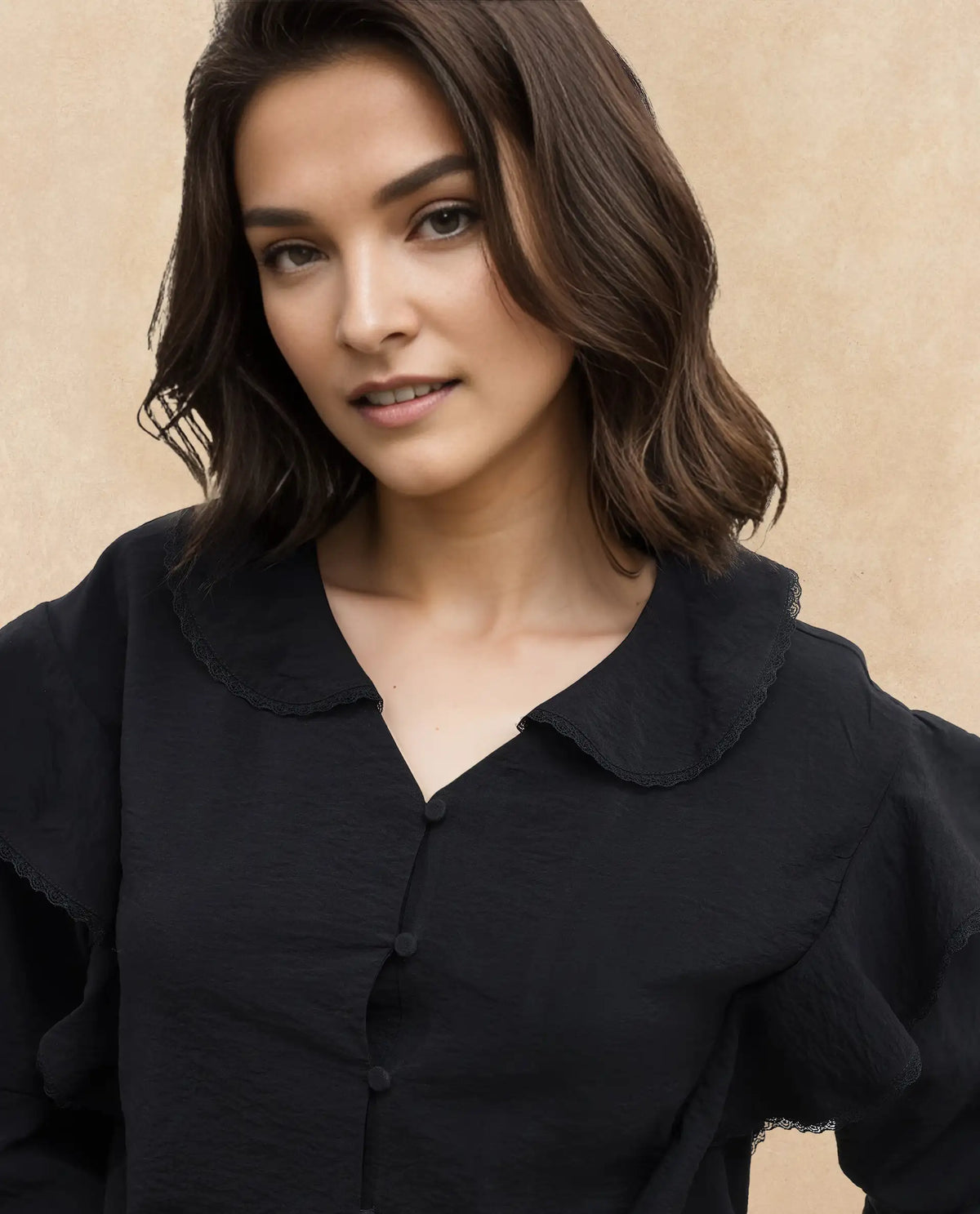 Rareism Women's Kei-T Black Nylon Blend Peter Pan Collar Plain Bishop Sleeve Relaxed Fit Top