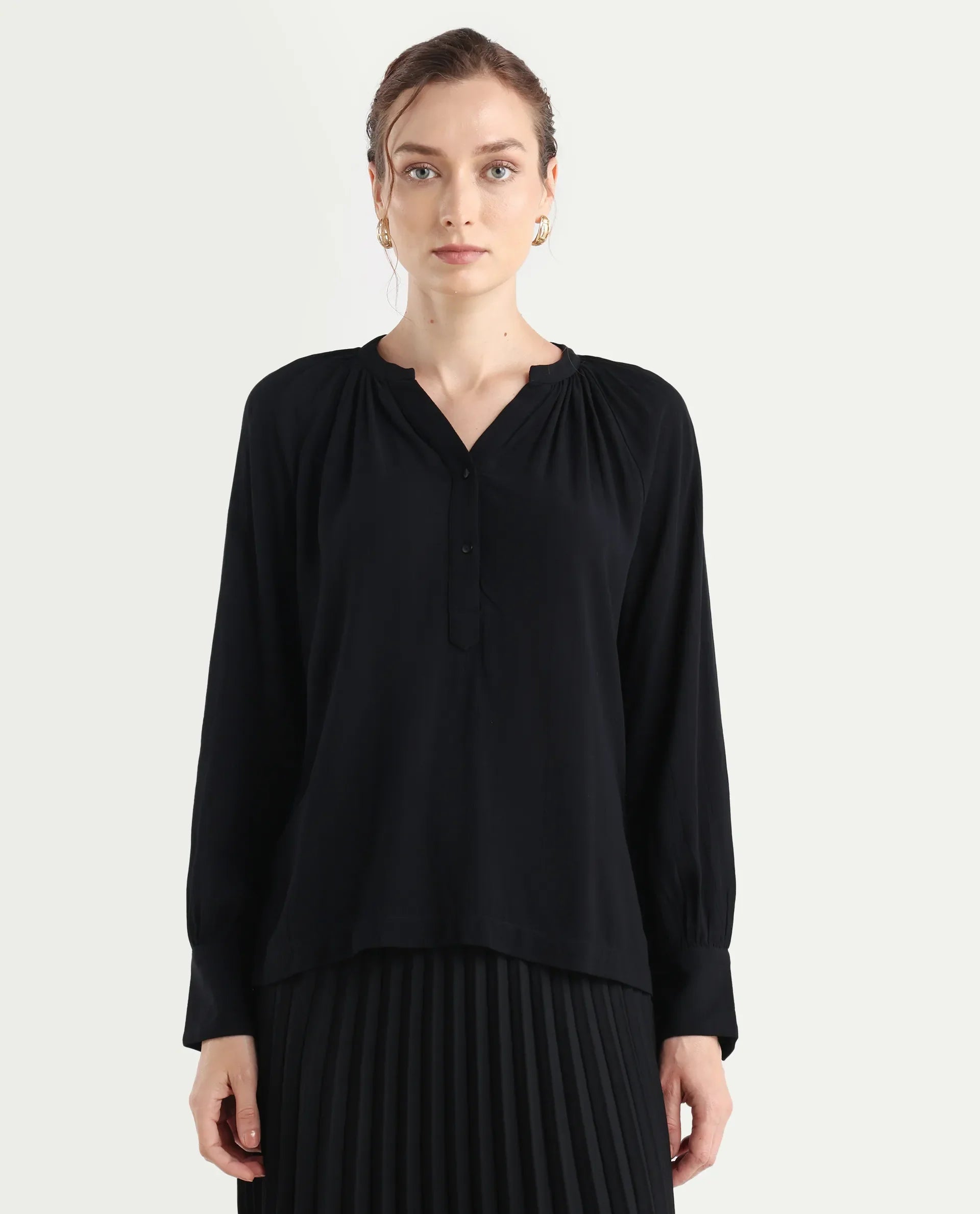 Rareism Women's Kella Black Mandarin Collar Plain Raglan Sleeve Regular Fit Top