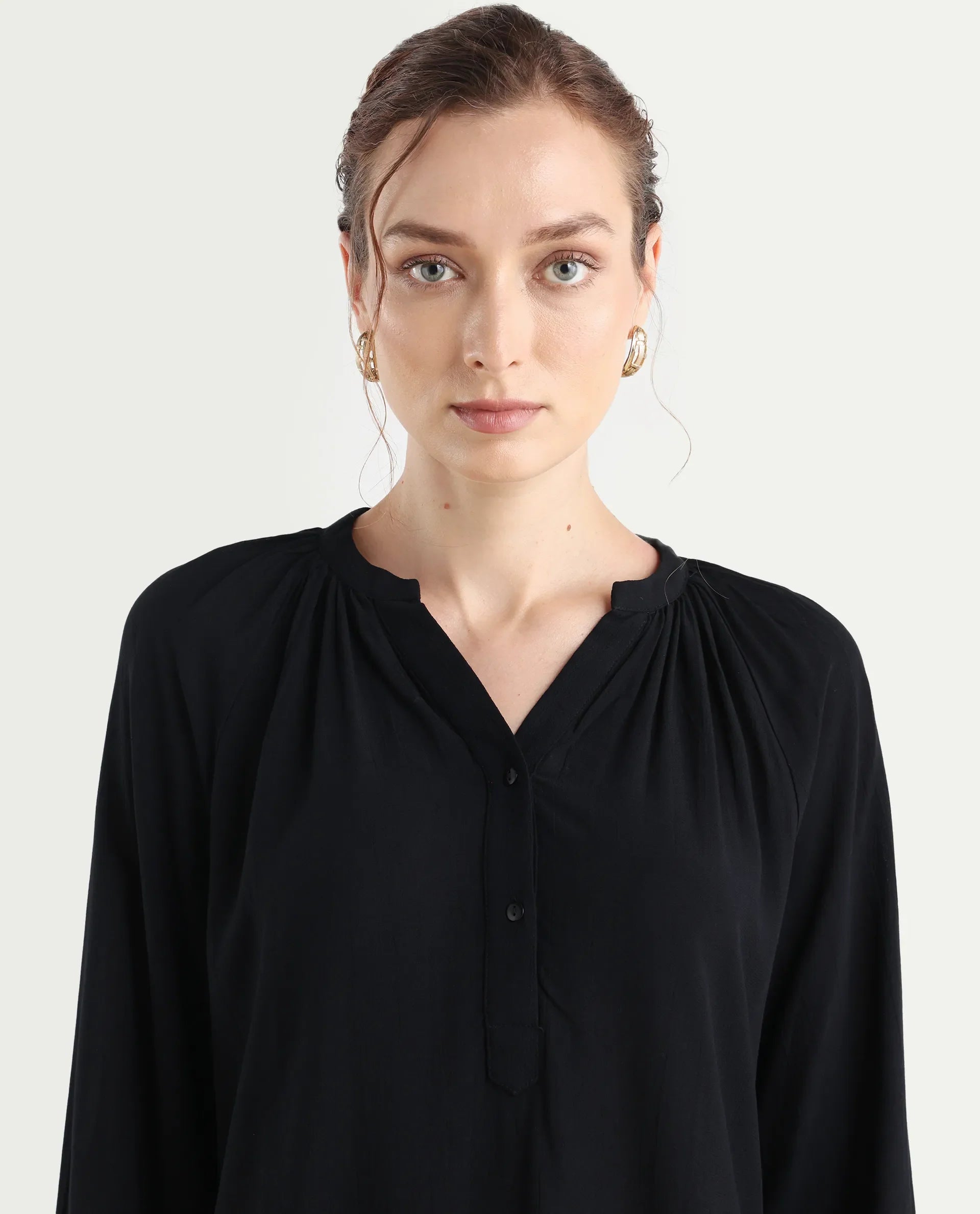 Rareism Women's Kella Black Mandarin Collar Plain Raglan Sleeve Regular Fit Top